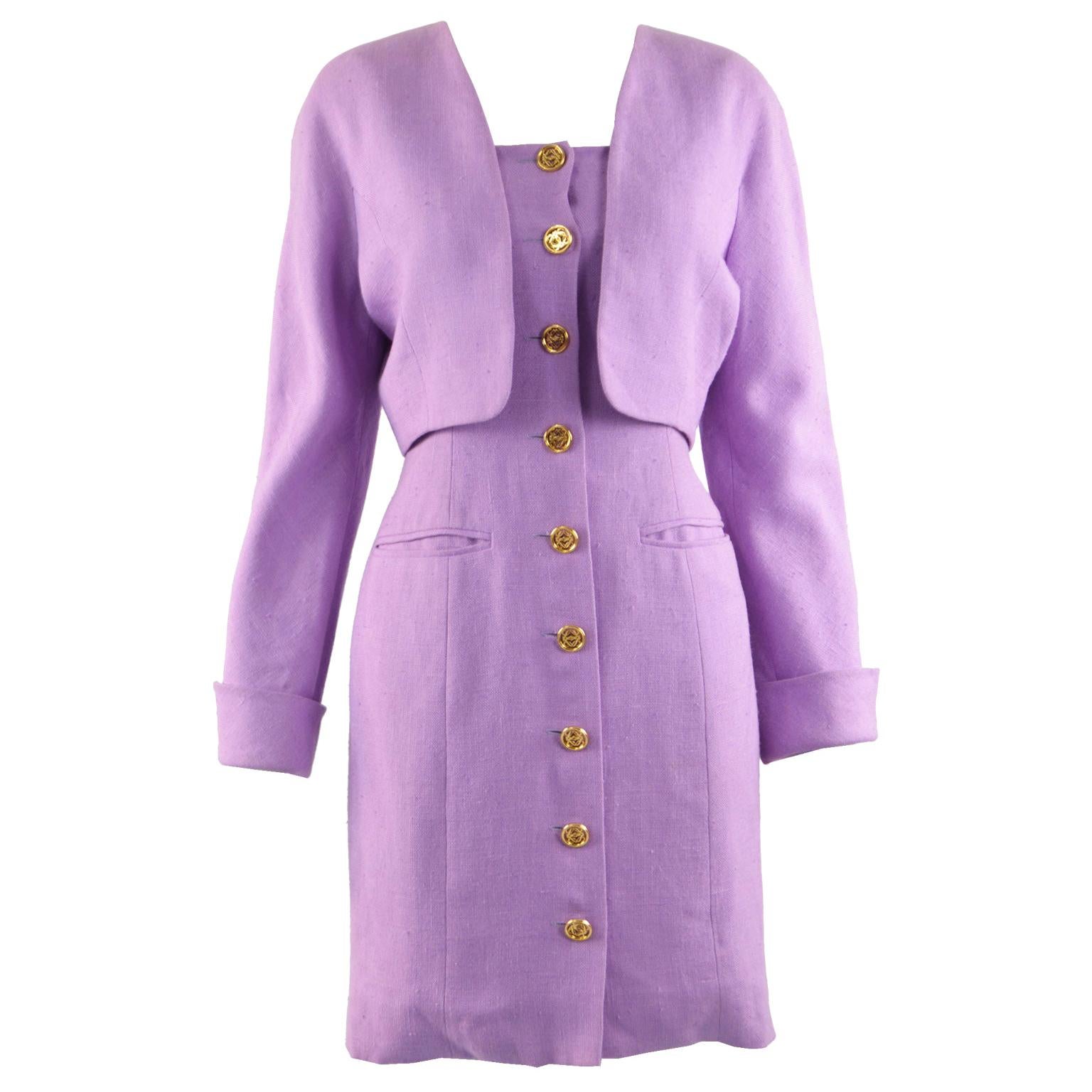 Loewe Vintage Lavender Linen Boned Dress & Raglan Sleeve Bolero Jacket Suit For Sale