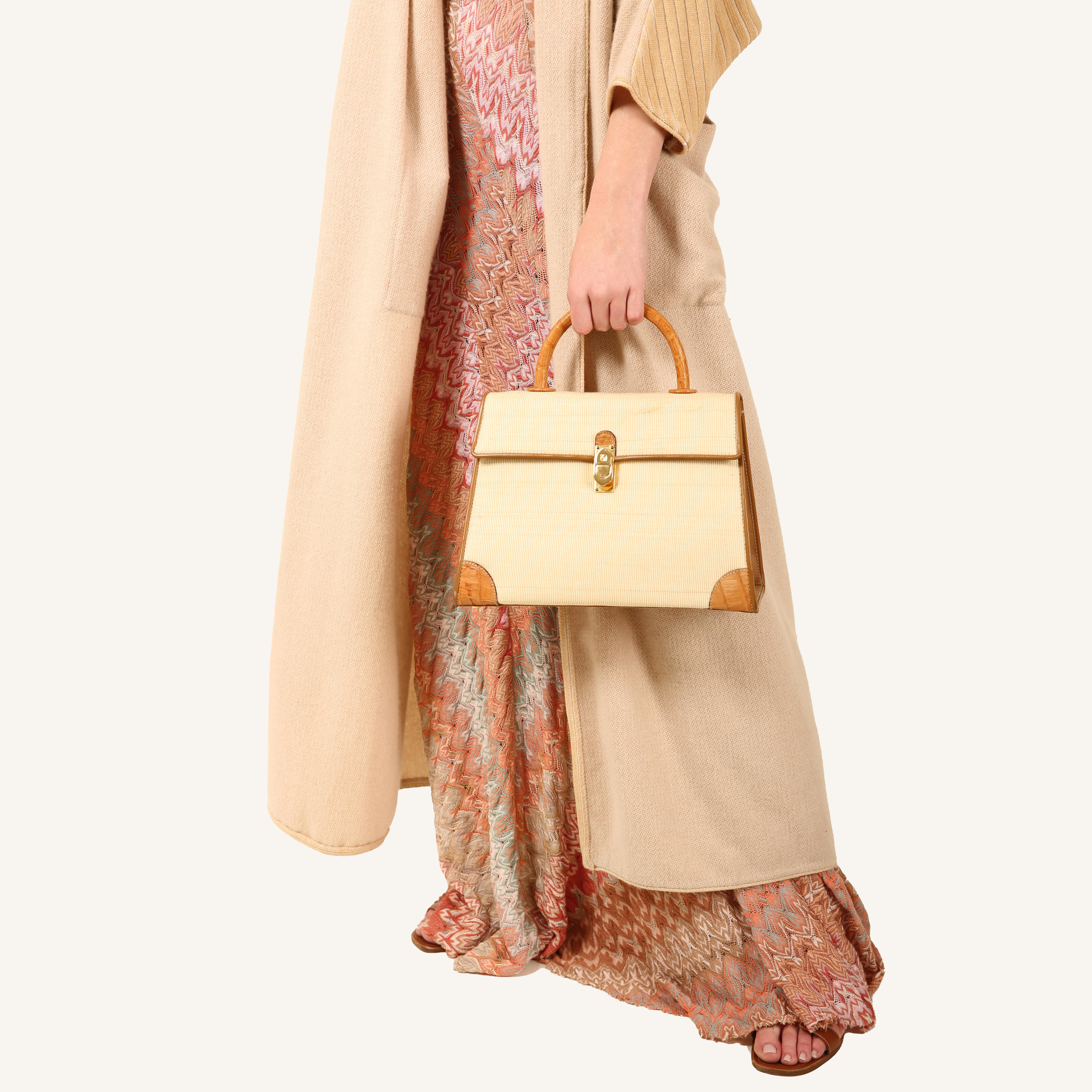 Women's Loewe vintage trapezoidal ivory woven leather top handle satchel shoulder bag