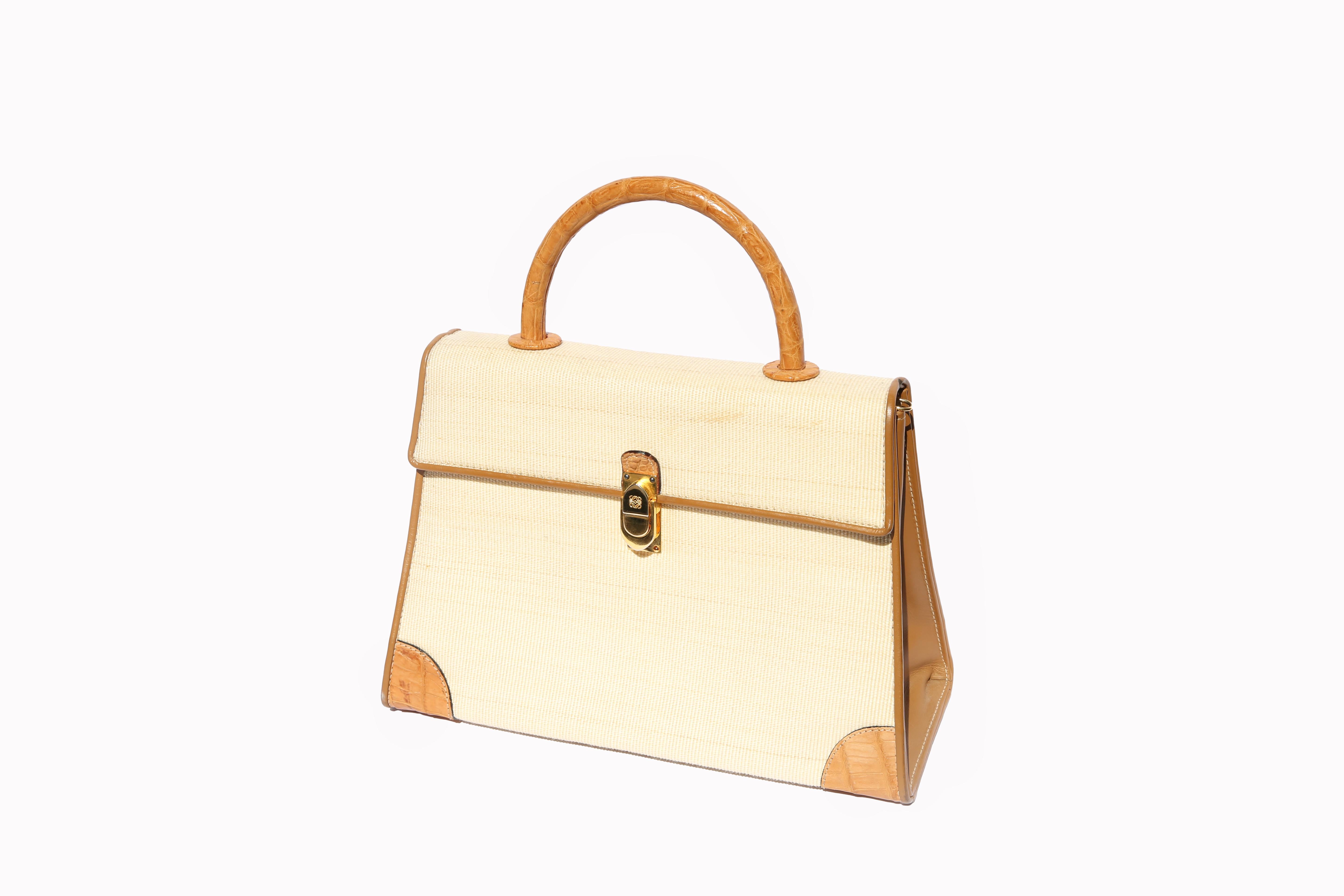 Loewe vintage trapezoidal ivory woven leather top handle satchel shoulder bag 1