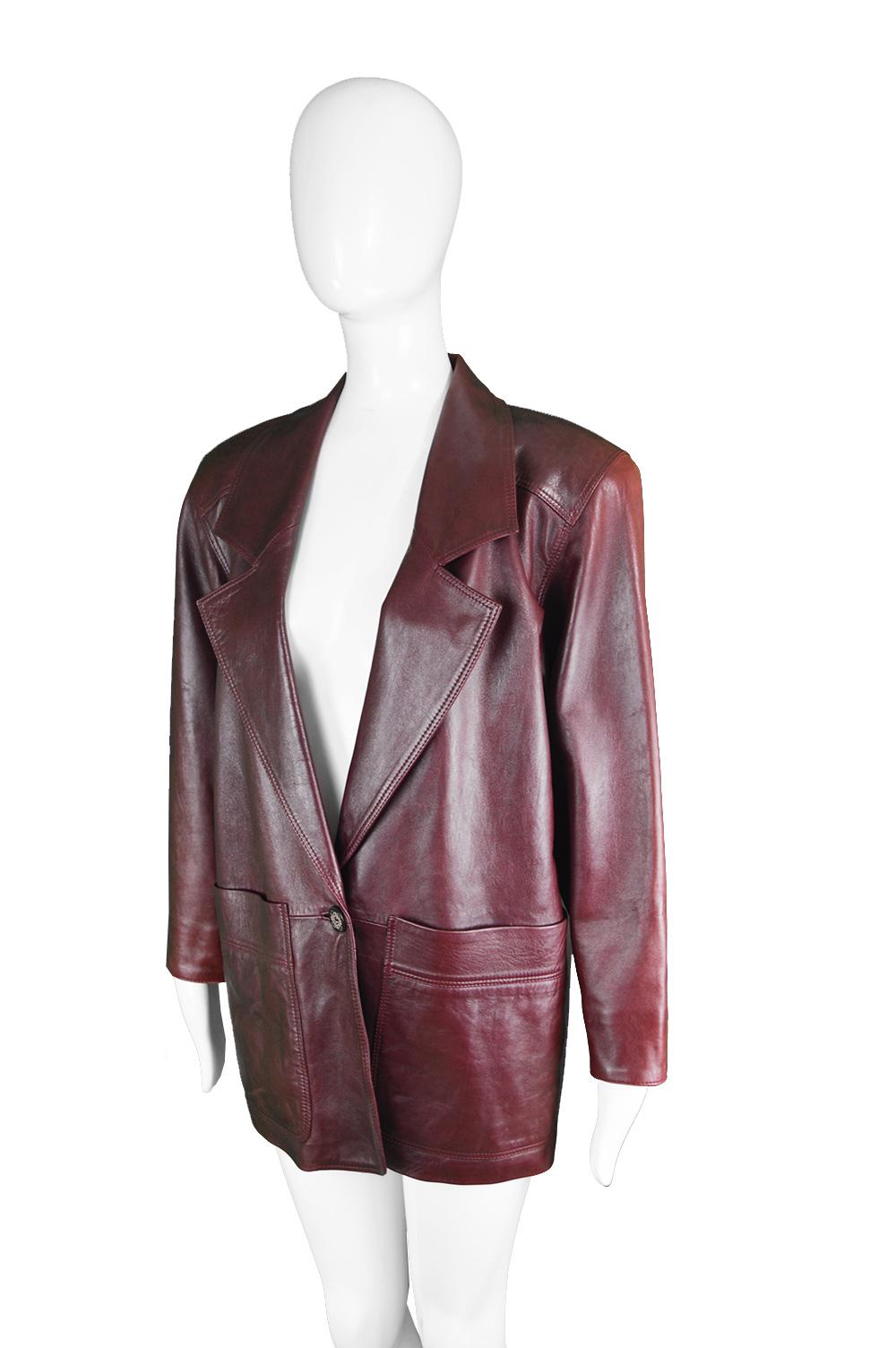 Brown Loewe Vintage Womens 'Bordeaux Wine' Shoulder Padded Leather Jacket, 1980s