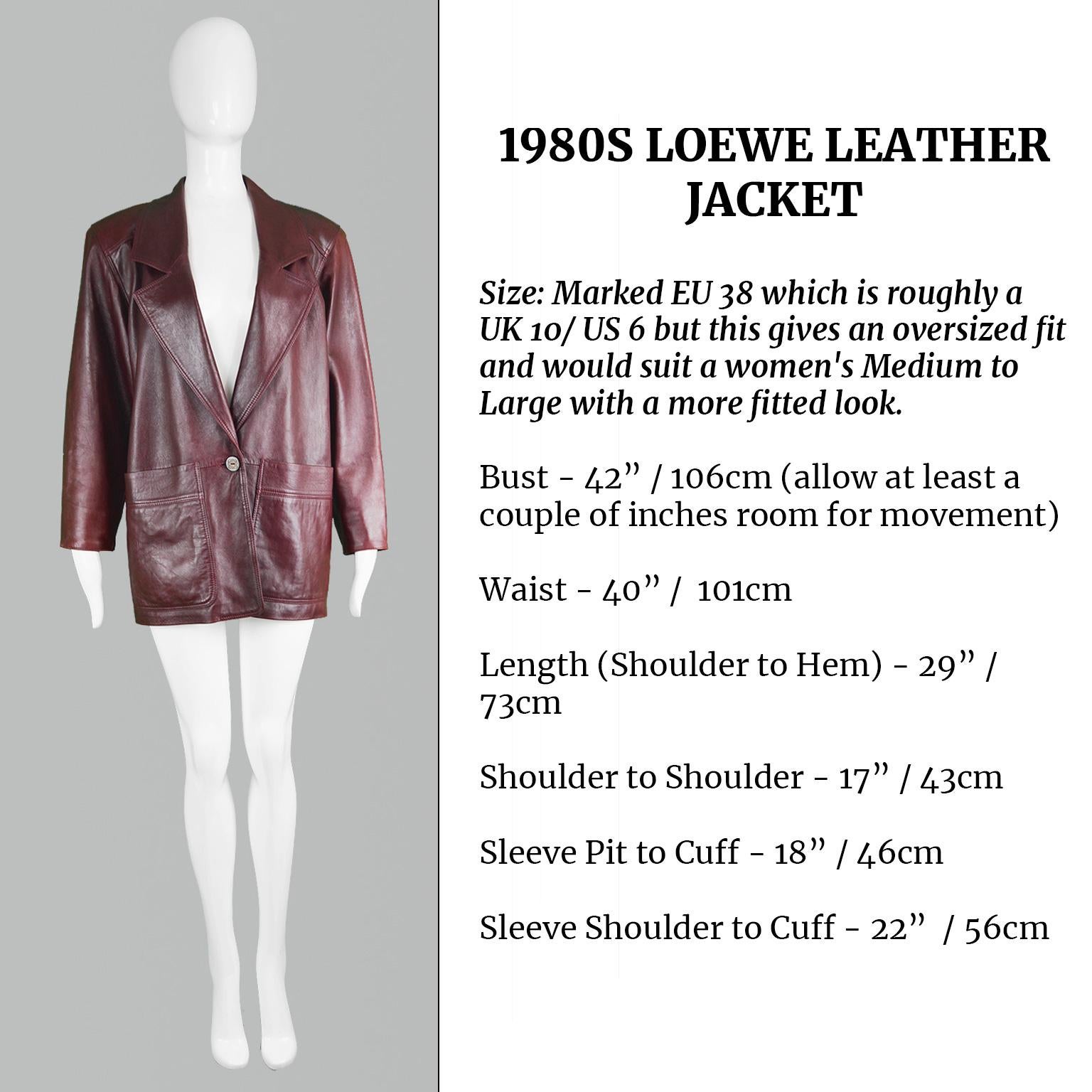Loewe Vintage Womens 'Bordeaux Wine' Shoulder Padded Leather Jacket, 1980s 1