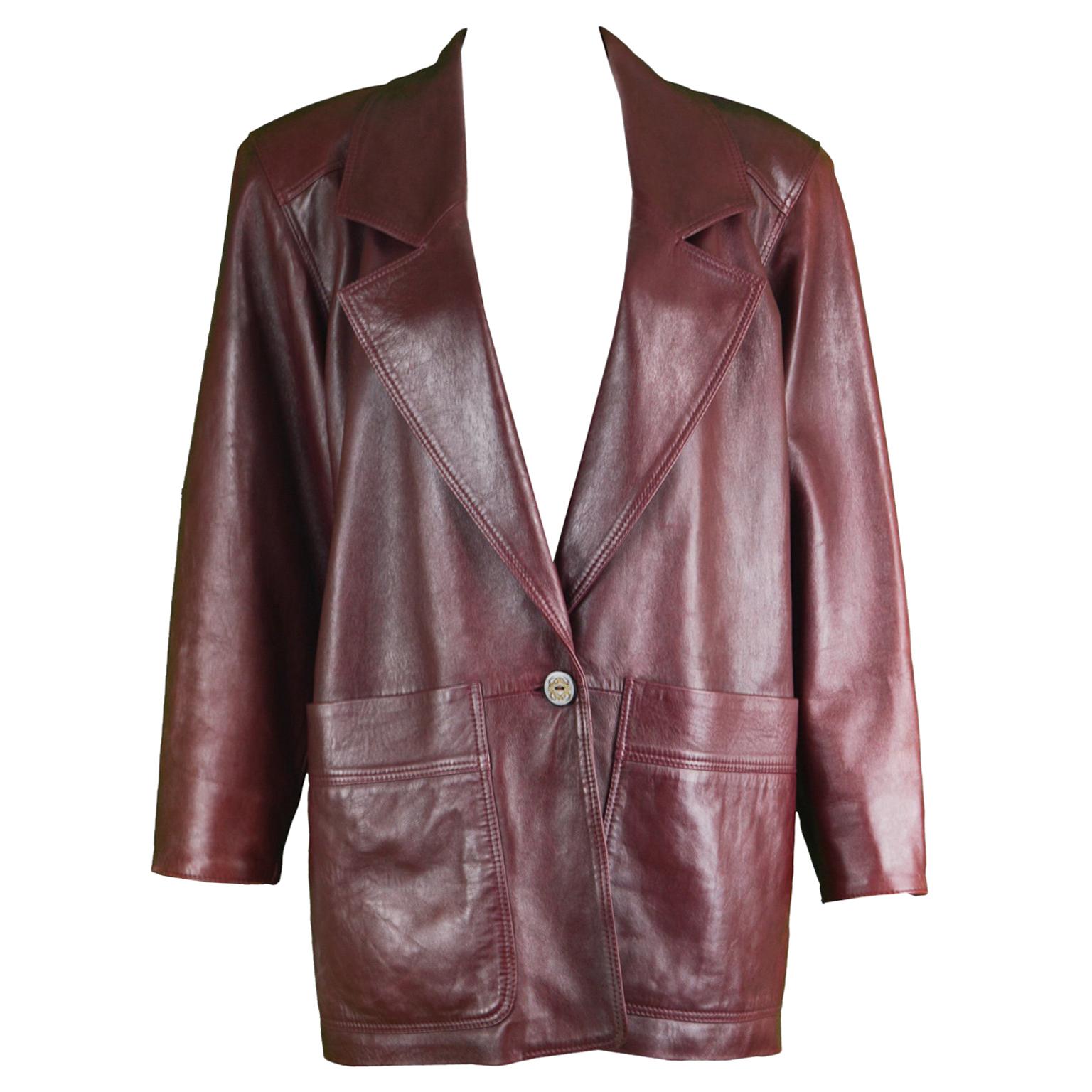 Loewe Vintage Womens 'Bordeaux Wine' Shoulder Padded Leather Jacket, 1980s