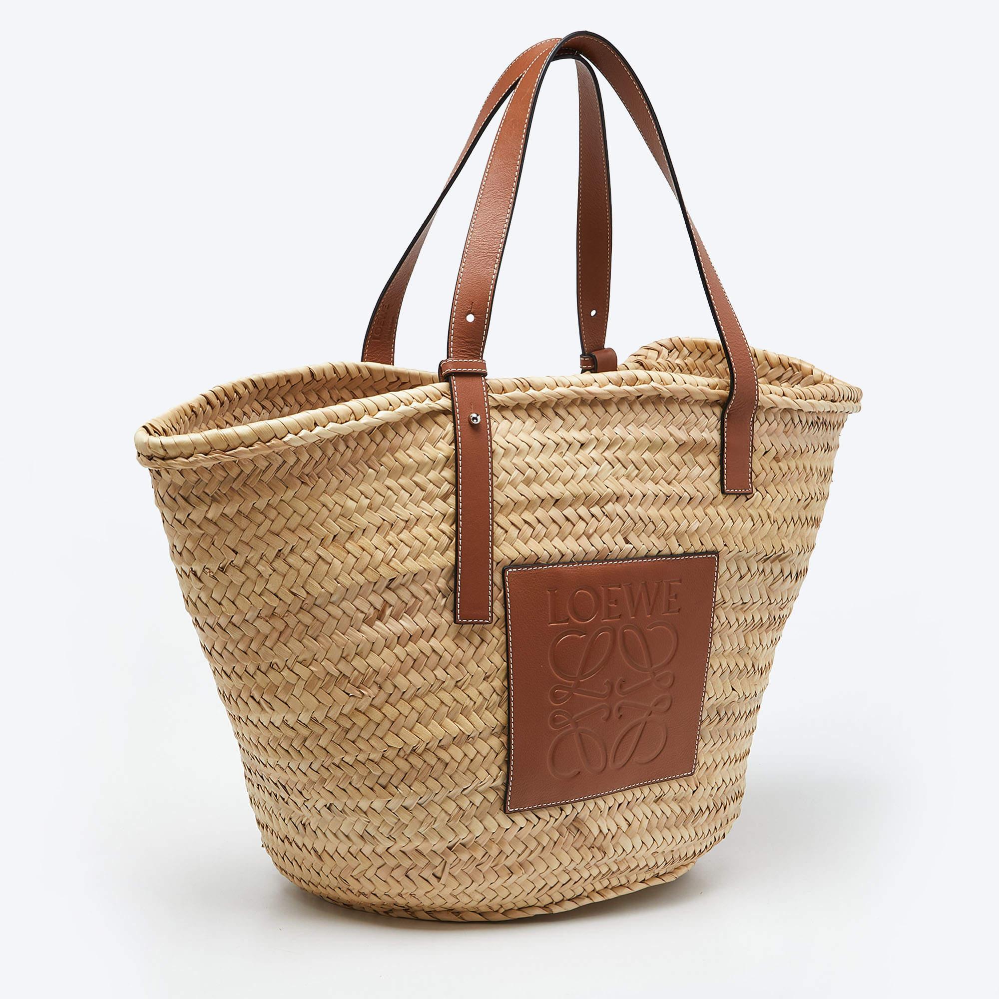Women's Loewe Vream/Brown Woven Raffia and Leather Large Basket Bag
