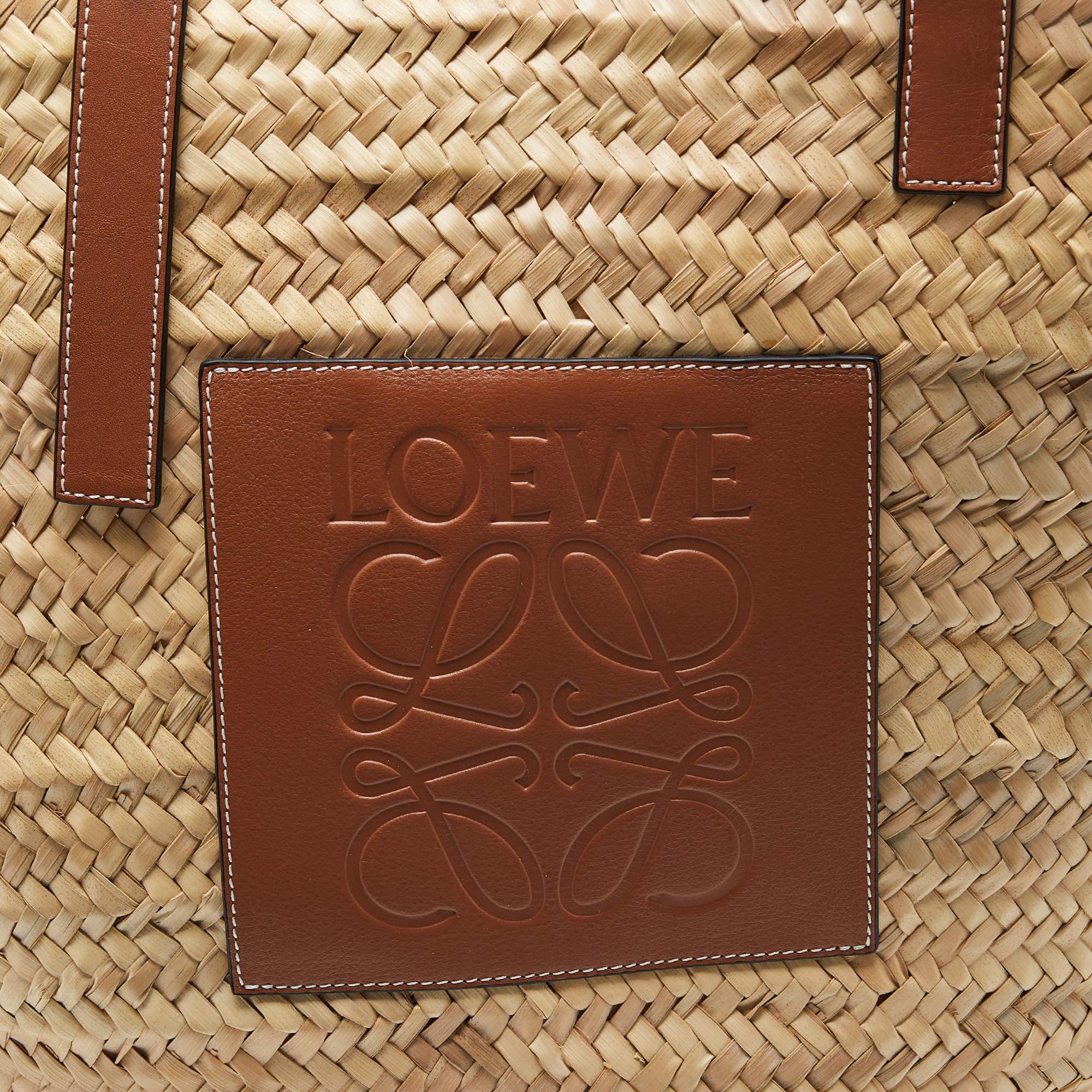 Loewe Vream/Brown Woven Raffia and Leather Large Basket Bag 1