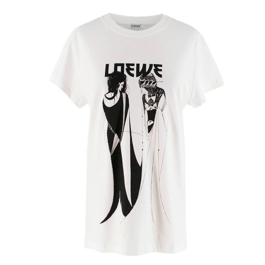 Loewe graphic white jersey T-shirt cut to a loose silhouette.Illustrated by a graphic black print on the front, while the back is punctuated by a Fall Winter 19 motif at the nape of the neck.

- Lightweight jersey cotton
- Machine wash
-Made in