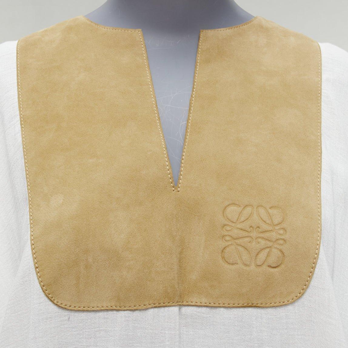 LOEWE white cotton brown suede logo anagram lambskin collar tunic shirt S 1