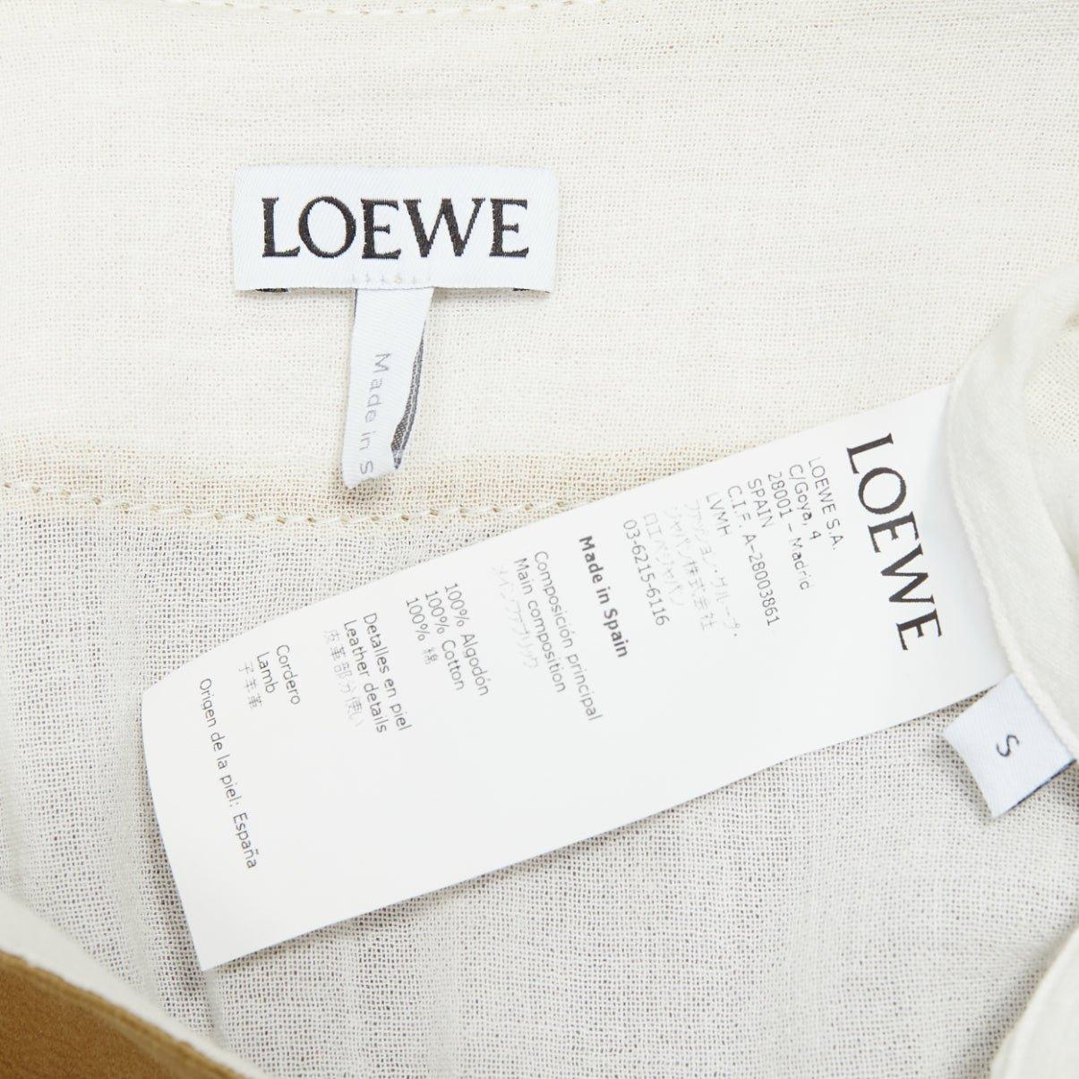 LOEWE white cotton brown suede logo anagram lambskin collar tunic shirt S For Sale 4