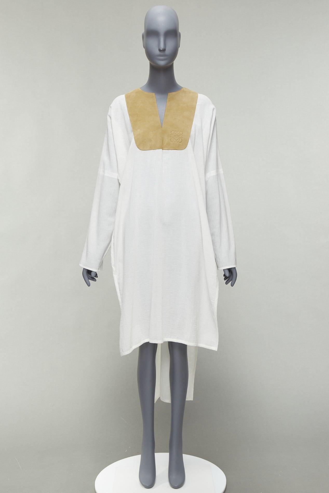LOEWE white cotton brown suede logo anagram lambskin collar tunic shirt S For Sale 5