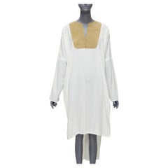 LOEWE white cotton brown suede logo anagram lambskin collar tunic shirt S