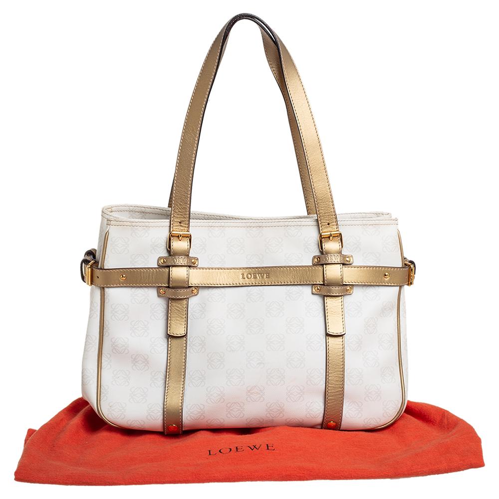 Women's Loewe White/Gold Anagram Canvas and Leather Tote