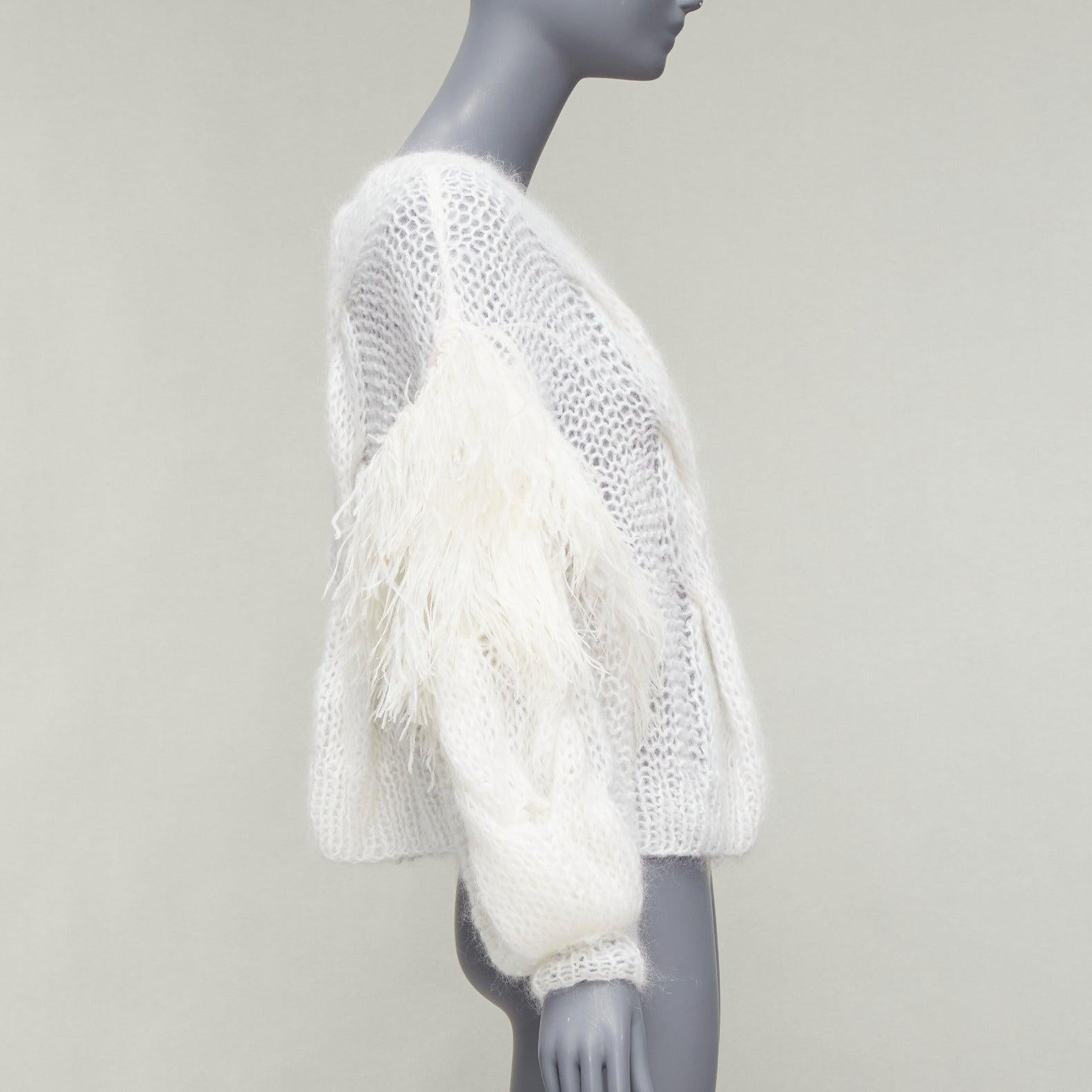 LOEWE white ostrich feather trim mohair loose cable knit jumper XS In Excellent Condition For Sale In Hong Kong, NT