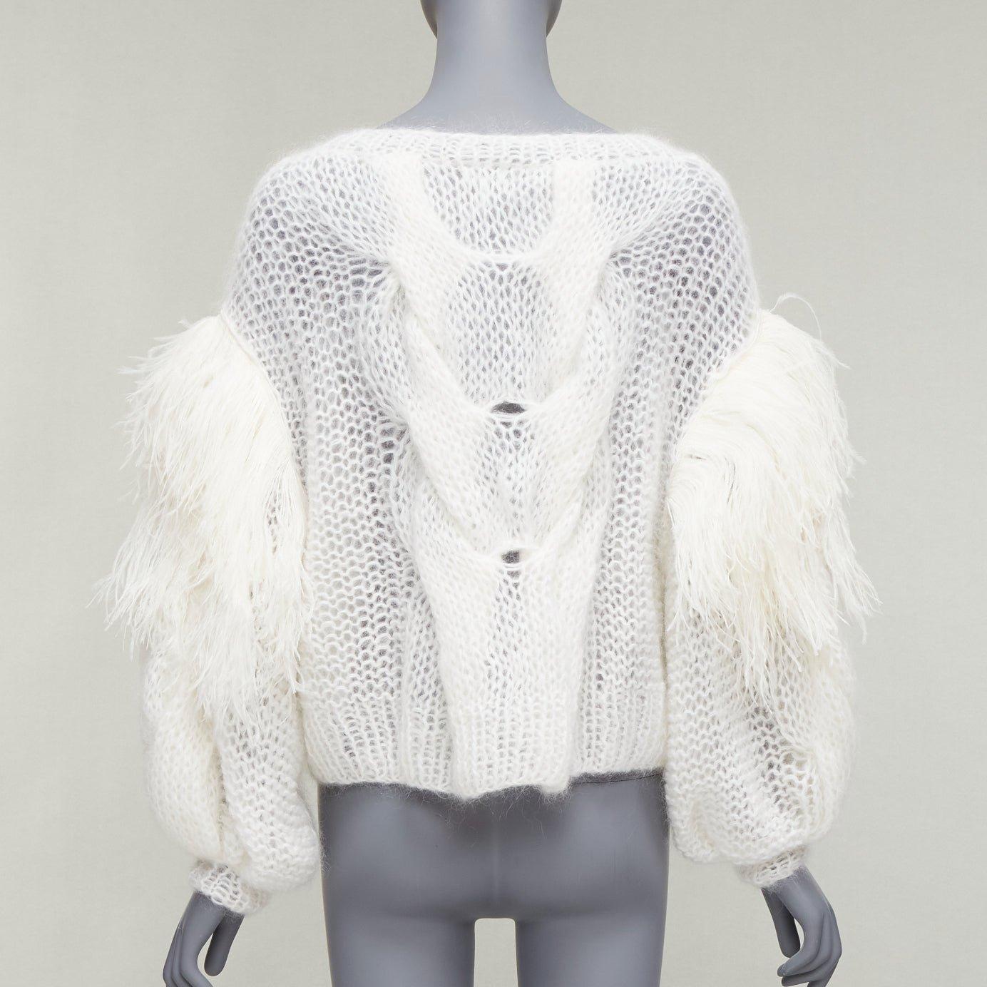Women's LOEWE white ostrich feather trim mohair loose cable knit jumper XS For Sale