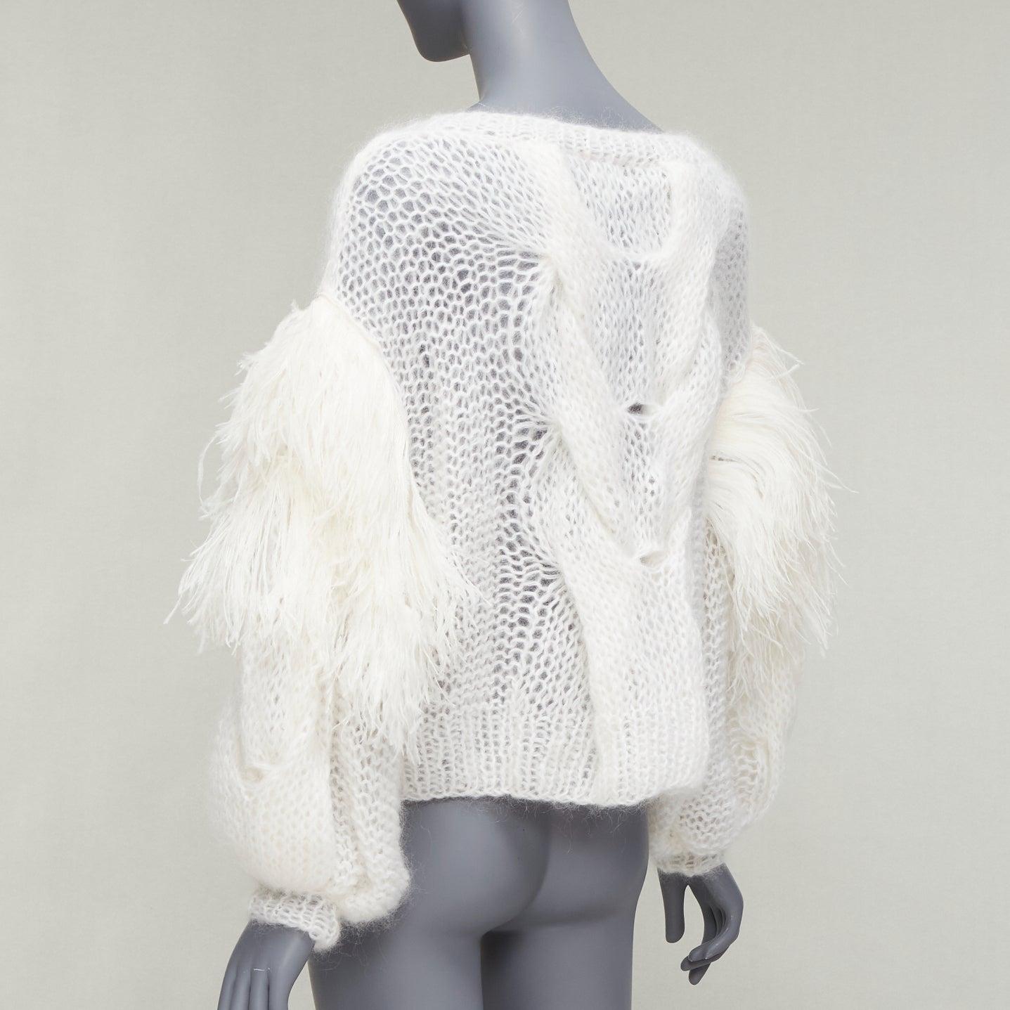 LOEWE white ostrich feather trim mohair loose cable knit jumper XS For Sale 1