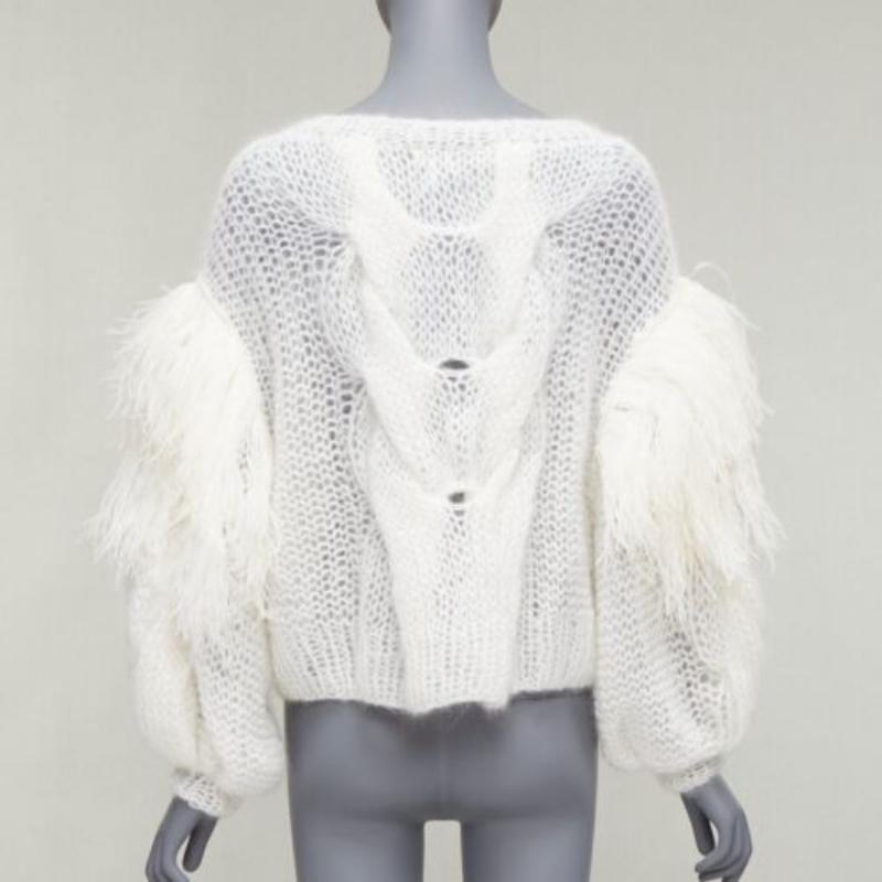 Women's LOEWE white ostrich feather trim mohair loose cable knit jumper XS