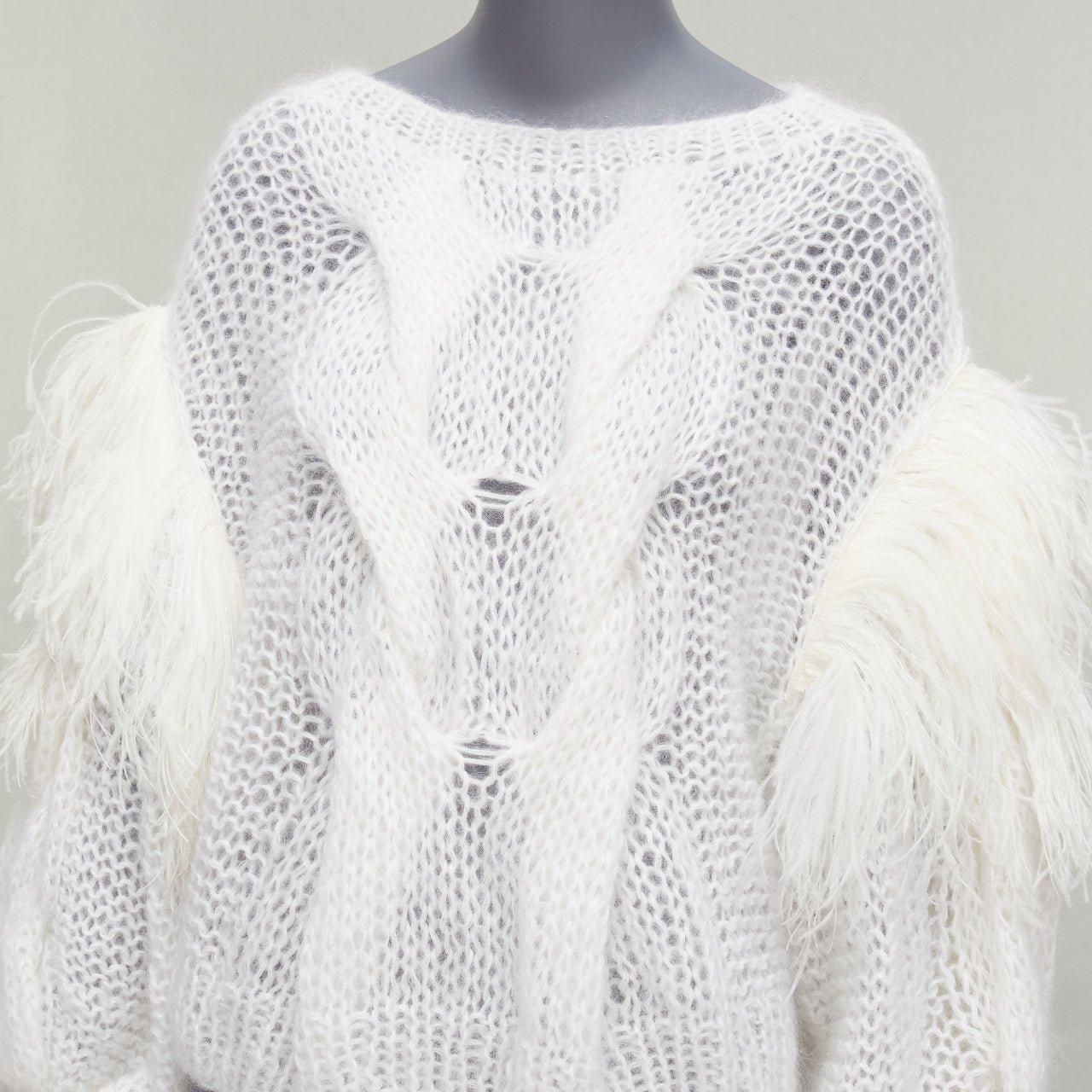 LOEWE white ostrich feather trim mohair loose cable knit jumper XS For Sale 2
