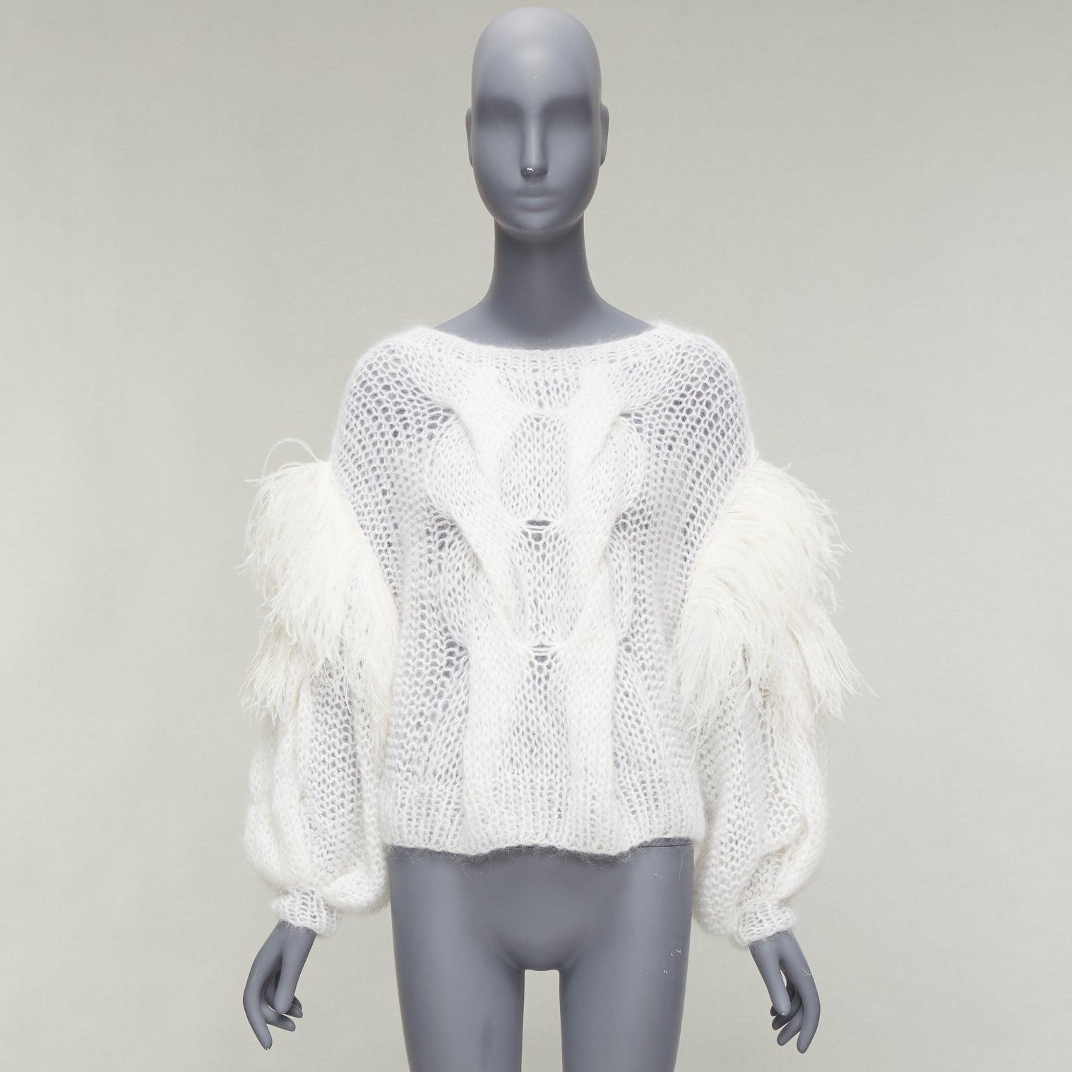 LOEWE white ostrich feather trim mohair loose cable knit jumper XS For Sale 5