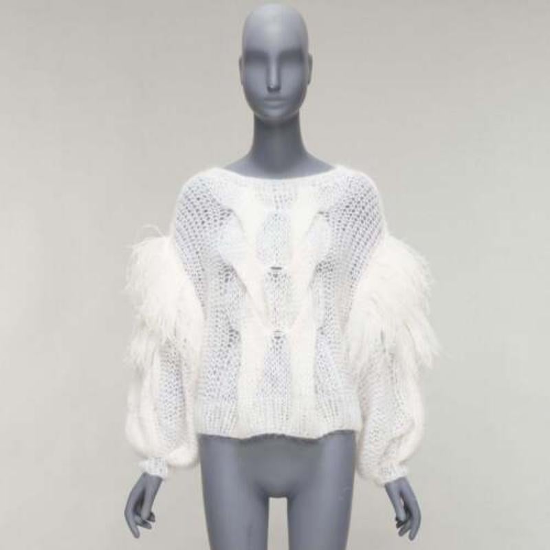 LOEWE white ostrich feather trim mohair loose cable knit jumper XS 4