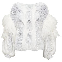 LOEWE white ostrich feather trim mohair loose cable knit jumper XS