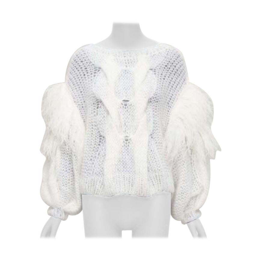 LOEWE white ostrich feather trim mohair loose cable knit jumper XS