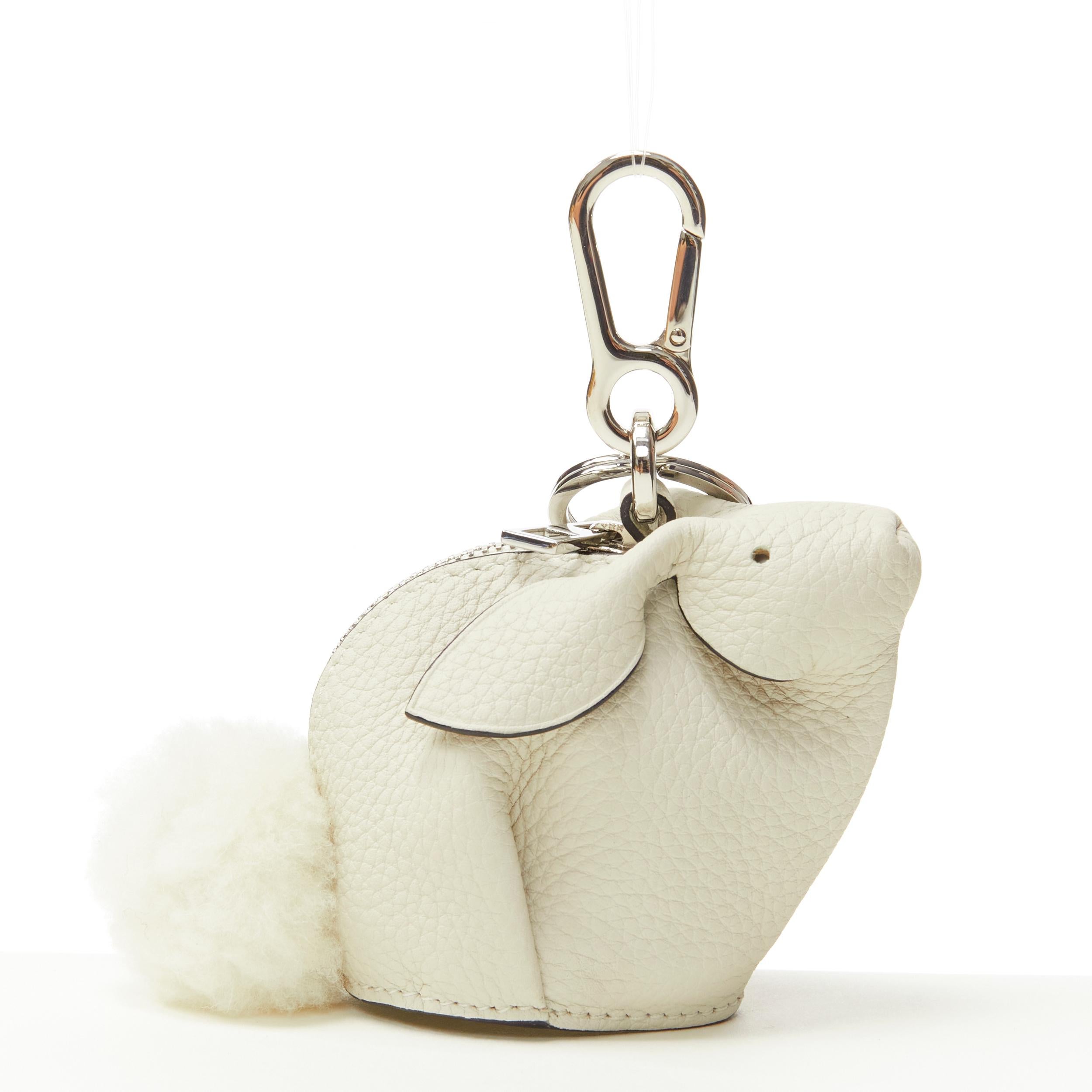 LOEWE white pebble leather shearling fur ball tail coins pouch bag
