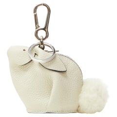 LOEWE white pebble leather shearling fur ball tail coins pouch bag charm