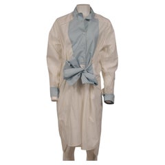 Loewe Womens Color Block Maxi Dress Size 34 White Blue Tie Front Collar Button