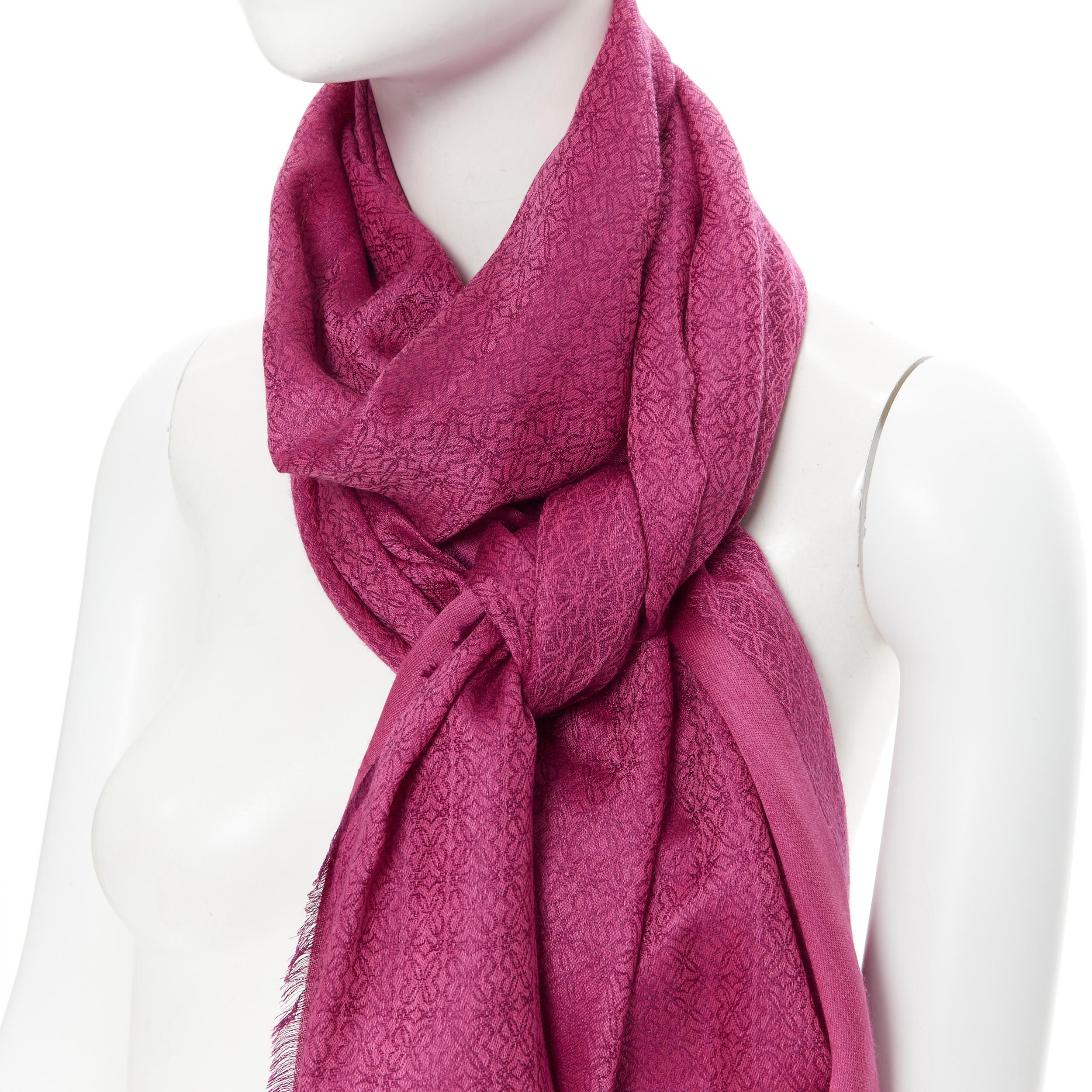 Pink LOEWE wool silk cashmere blend Anagram monogram logo pattern frayed scarf