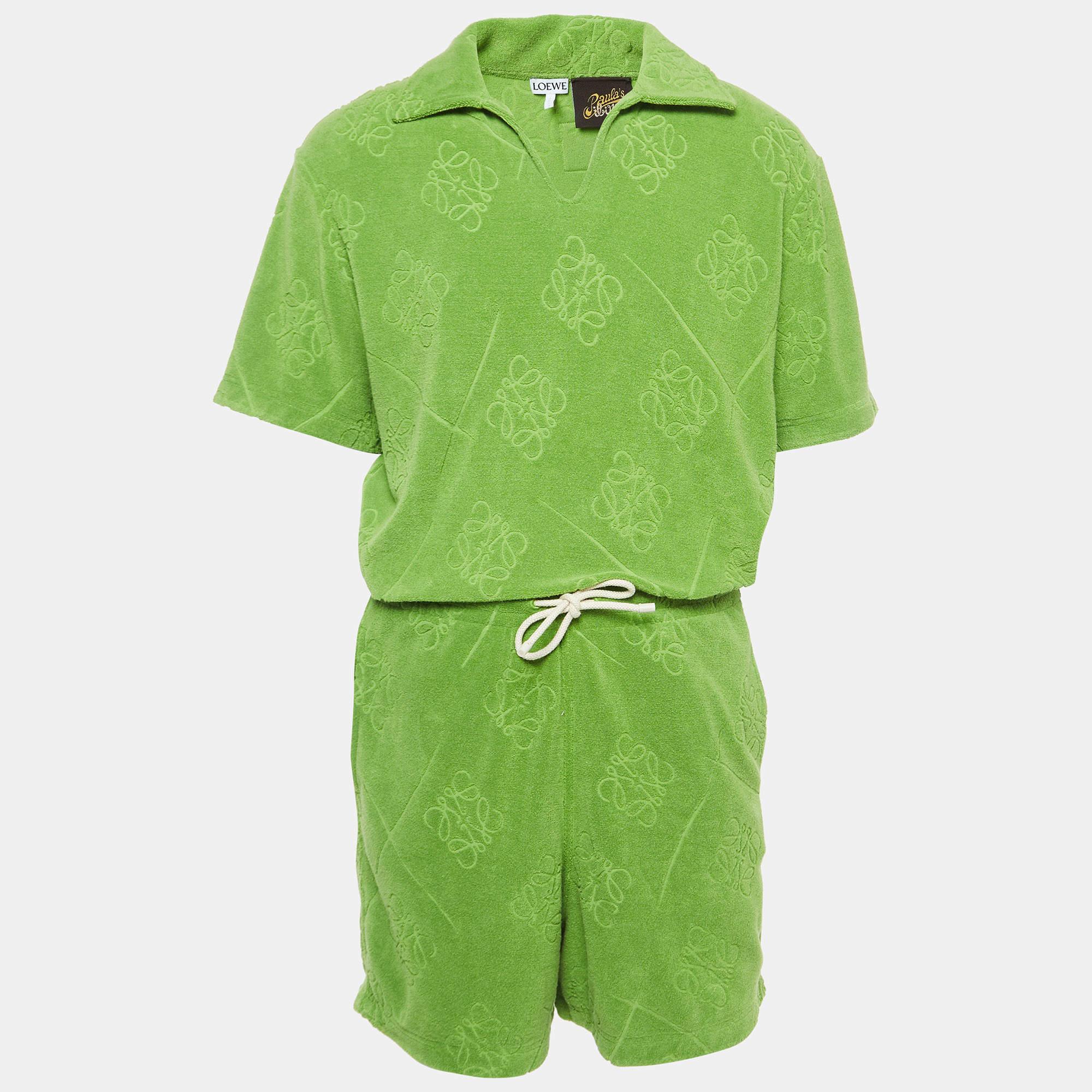 Loewe X Paula Ibiza Green Anagram Terry Cotton Shirt & Shorts Set M In Good Condition In Dubai, Al Qouz 2