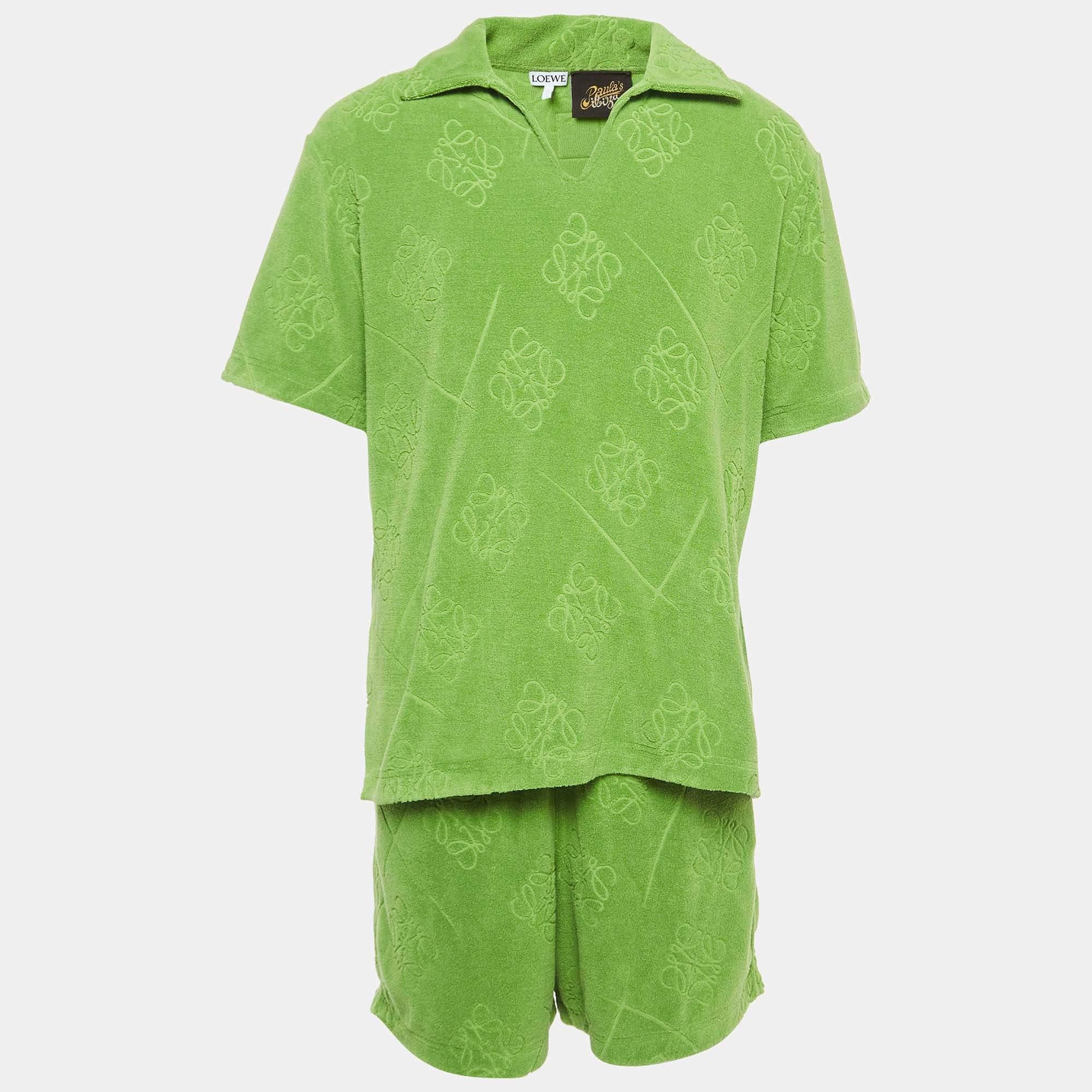 Loewe X Paula Ibiza Green Anagram Terry Cotton Shirt & Shorts Set M For Sale 2