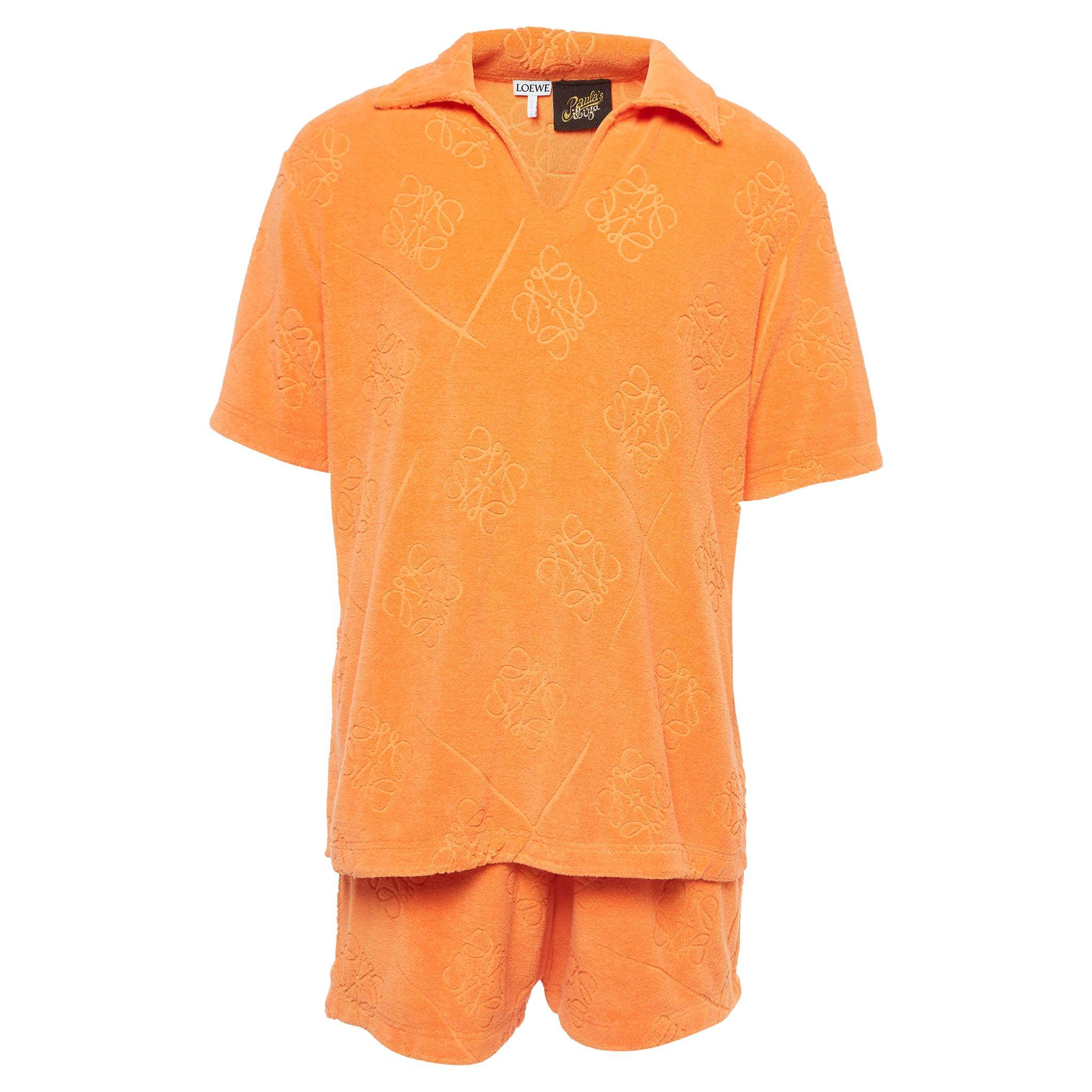 Loewe X Paula Ibiza Orange Anagram Terry Cotton Shirt & Shorts Set M For Sale