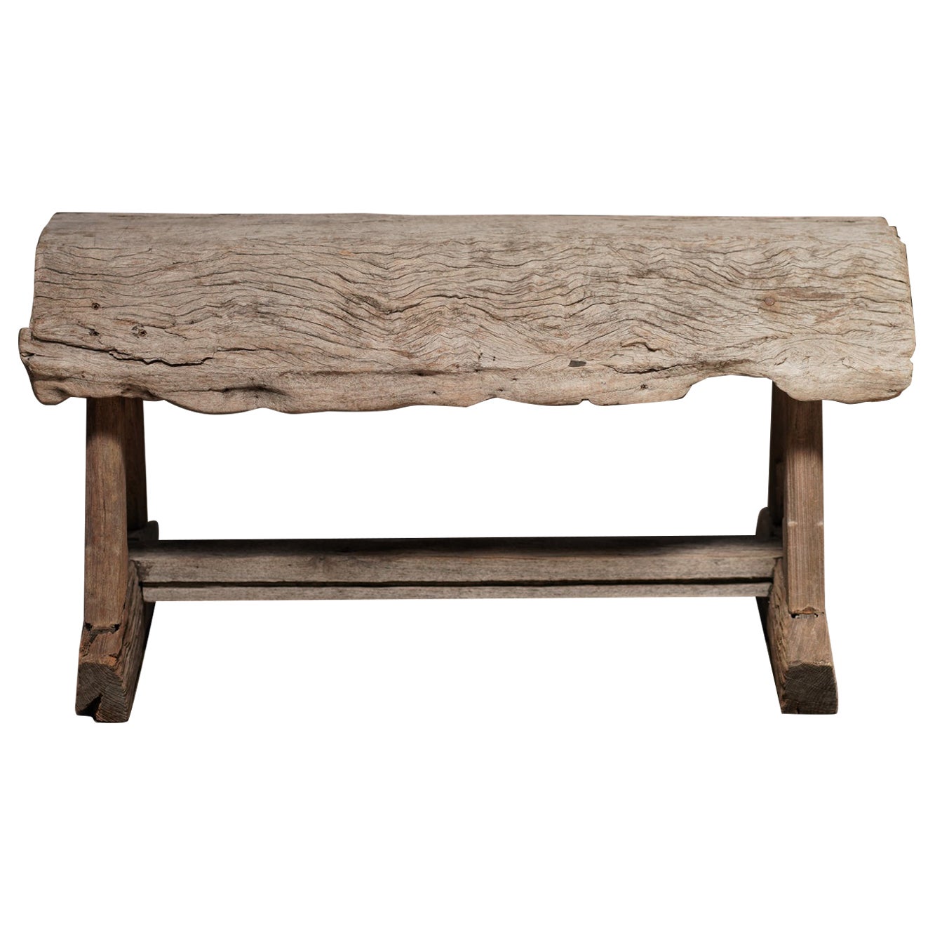 19th Century Japanese Log Bench, Solid Wood, Rustic T-Bar Feet