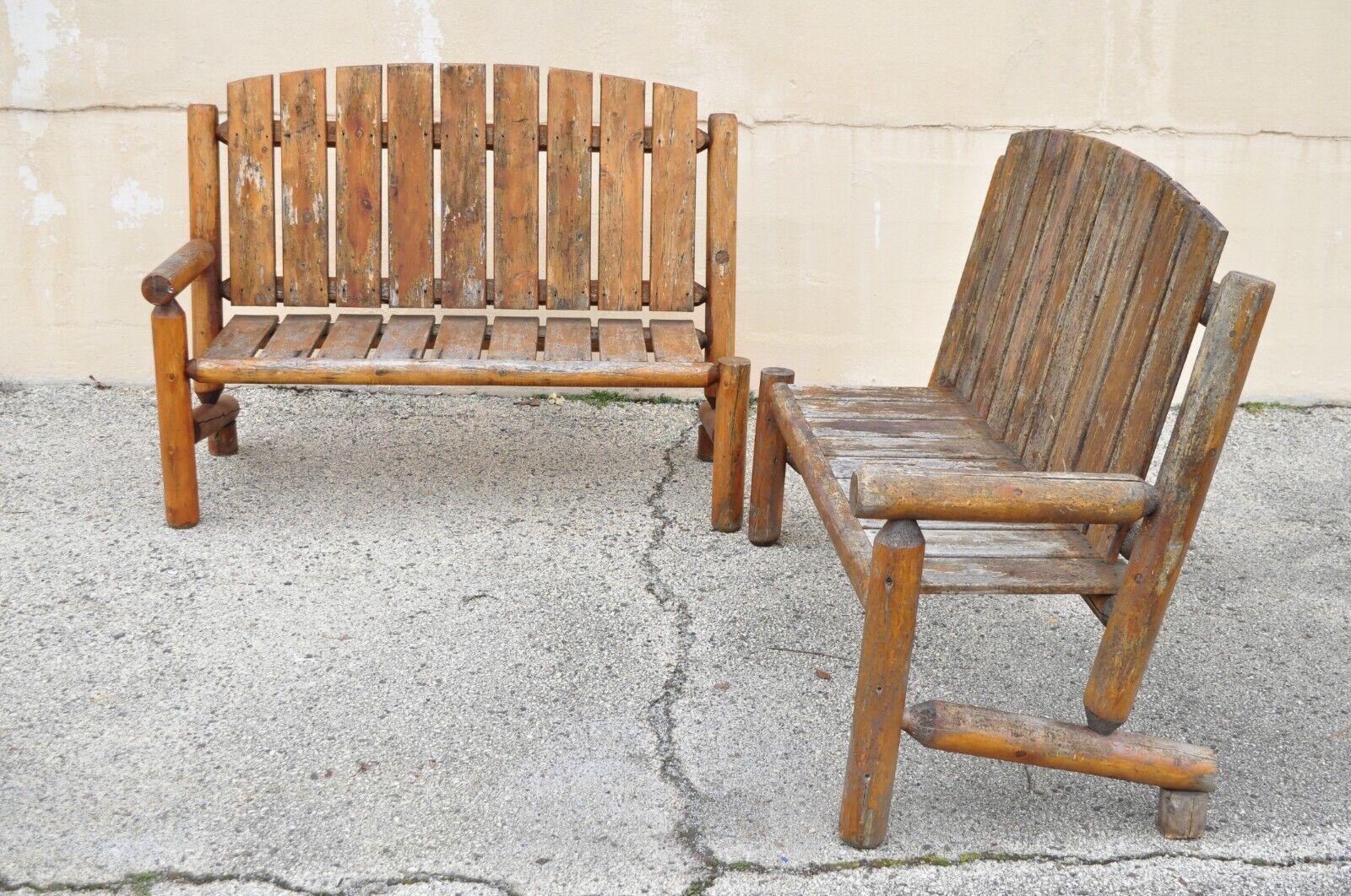 Log Cabin Primitive Adirondack Wooden Log Outdoor Bench Sofa Set, 2 Pcs For Sale 8