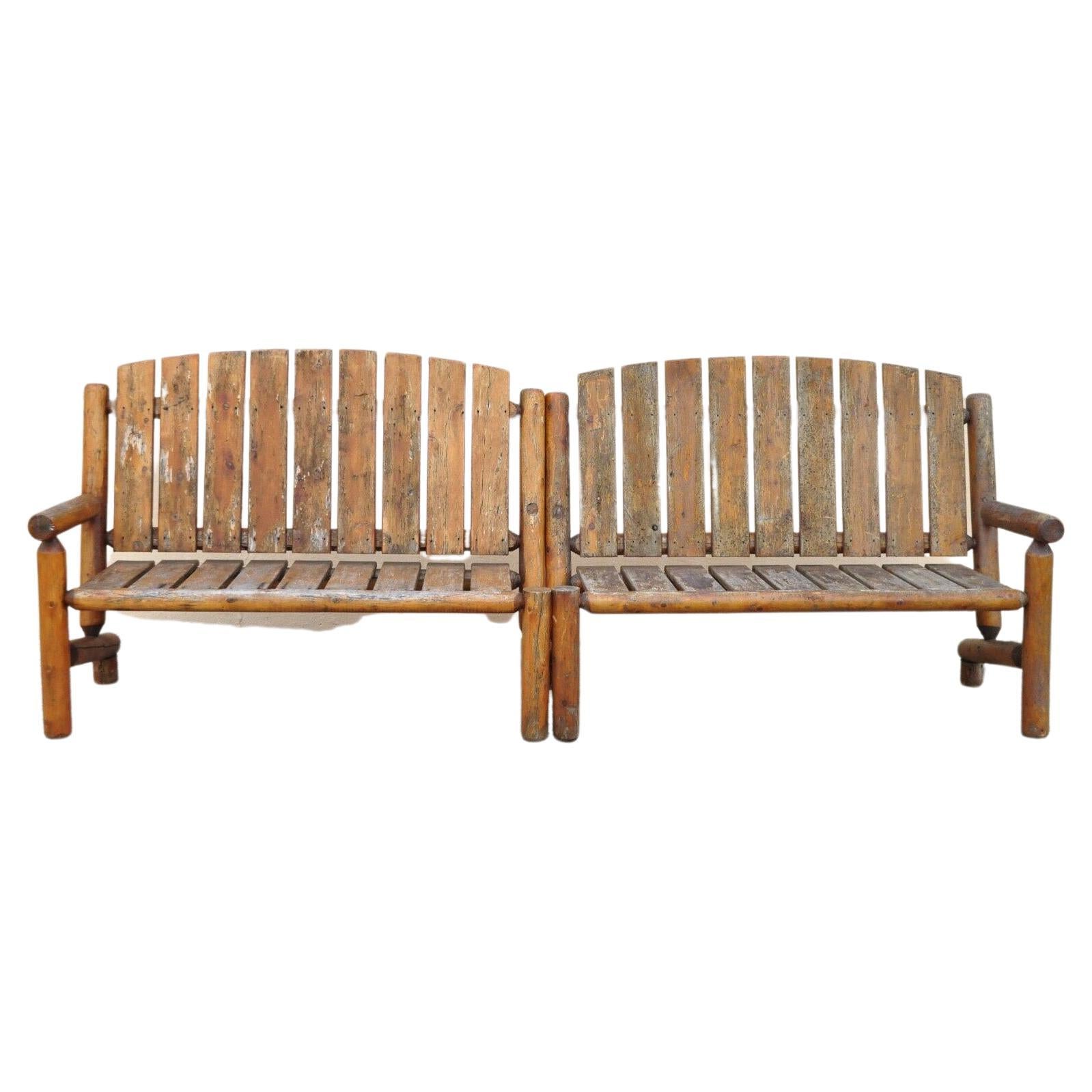 Log Cabin Primitive Adirondack Wooden Log Outdoor Bench Sofa Set, 2 Pcs For Sale