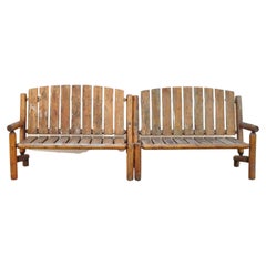 Log Cabin Primitive Adirondack Wooden Log Outdoor Bench Sofa Set, 2 Pcs