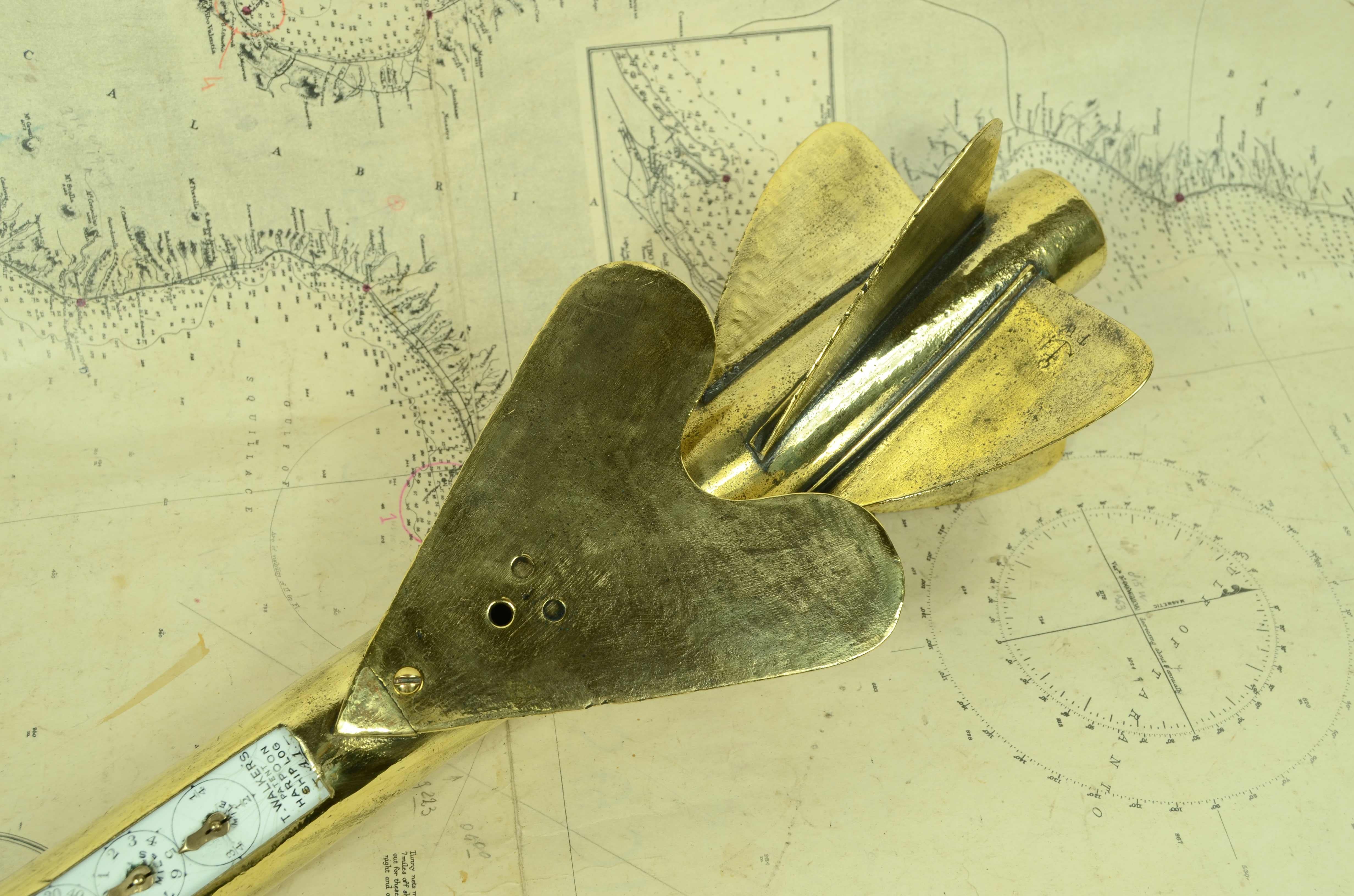 Brass nautical log or solcometer in the shape of a  speargun, signed T. Walker's 1870 For Sale 9