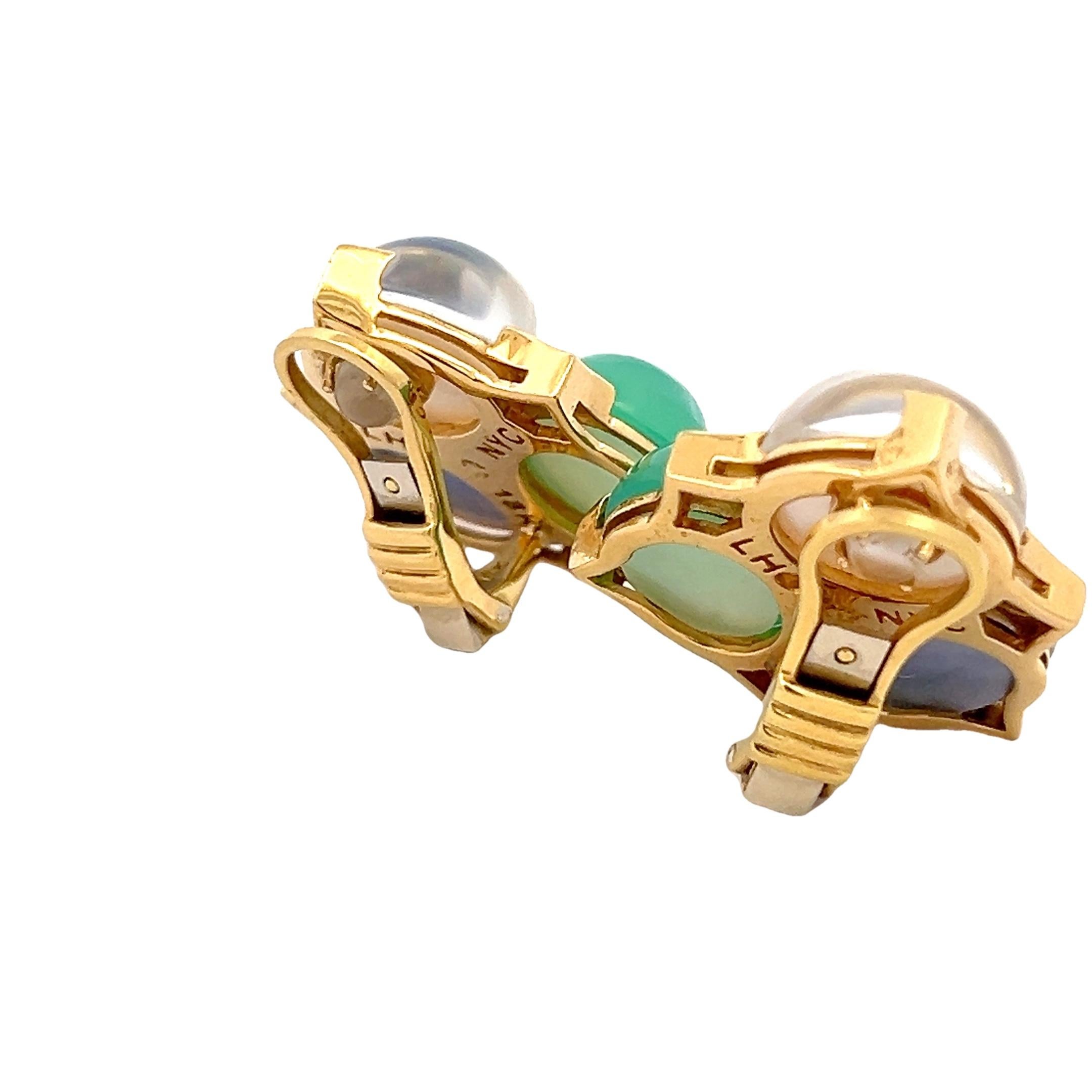 Logan Hollowell 18K Gold Multi-Gemstone Clip-On Earrings, Signed LH NYC In Excellent Condition For Sale In Miami, FL