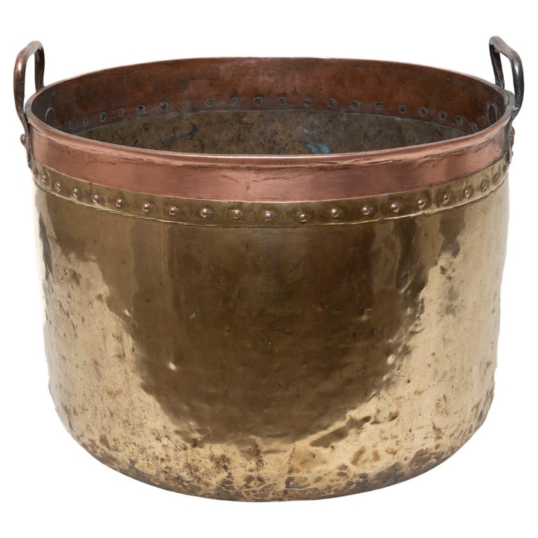Vintage Hammered Brass Bucket Iron Handle and Copper Rivets Incised  Decoration