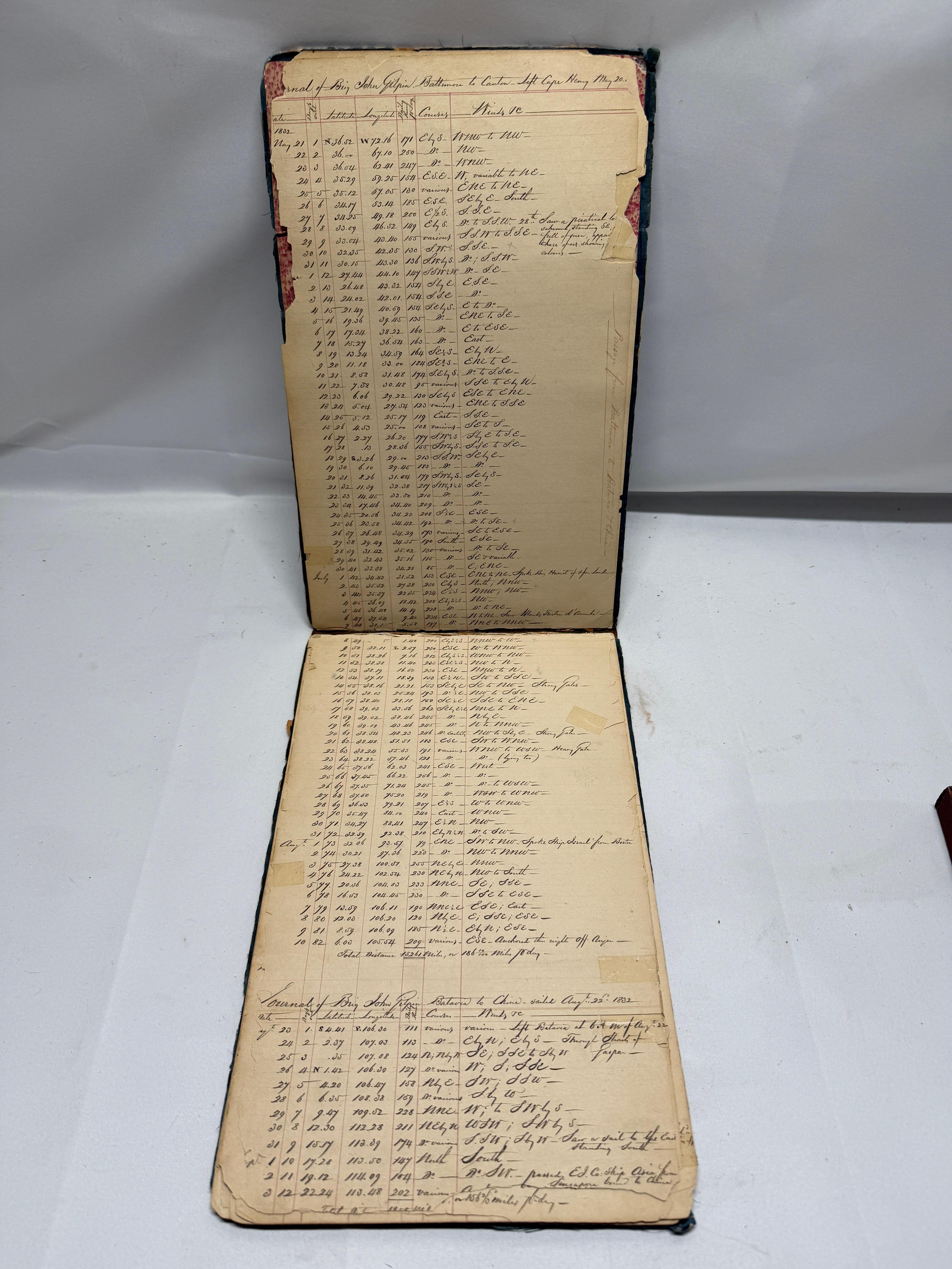 Ein seltenes und sehr detailliertes Logbuch aus dem frühen 19. Jahrhundert, das die Fahrten der amerikanischen Handelsbrigg John Gilpin aus Baltimore, Maryland, zwischen den Vereinigten Staaten und Kanton (Guangzhou), China, aufzeichnet. Dieser