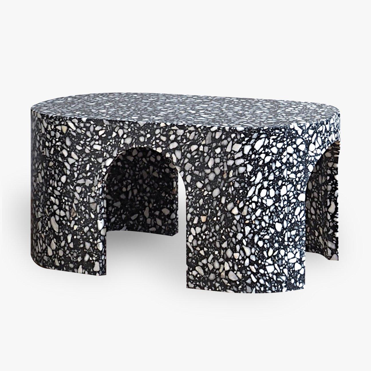 Carved Loggia Large Oval Side Table or Black Terrazzo Marble by Portego For Sale