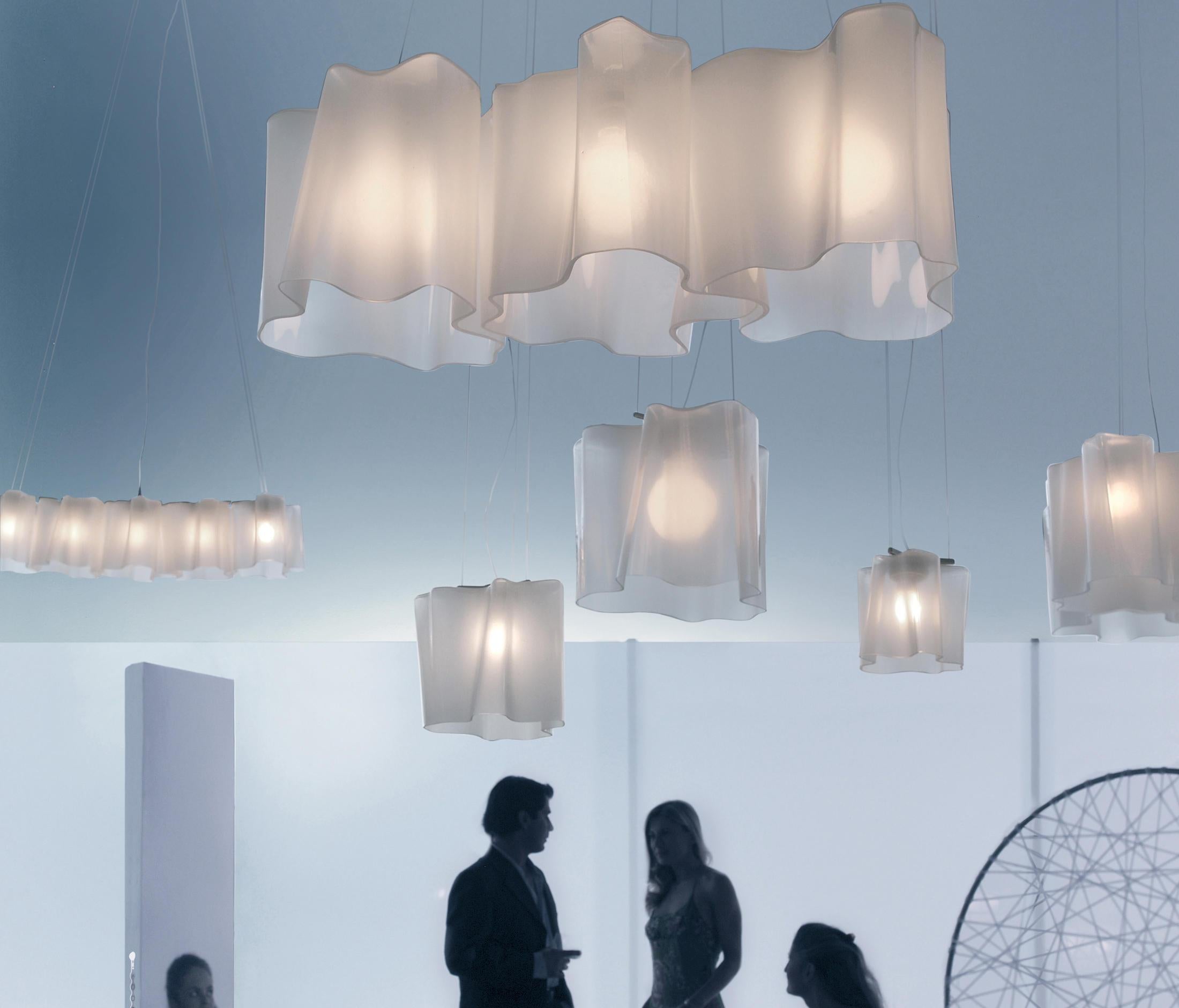 Logico triple nested suspension pendant in Smoke & Pale Grey for Artemide. 

Inspired by rays of light as they diffuse through the atmosphere, Logico’s blown-glass diffuser takes an organic shape that delivers a soft, ambient light. The diffuser is