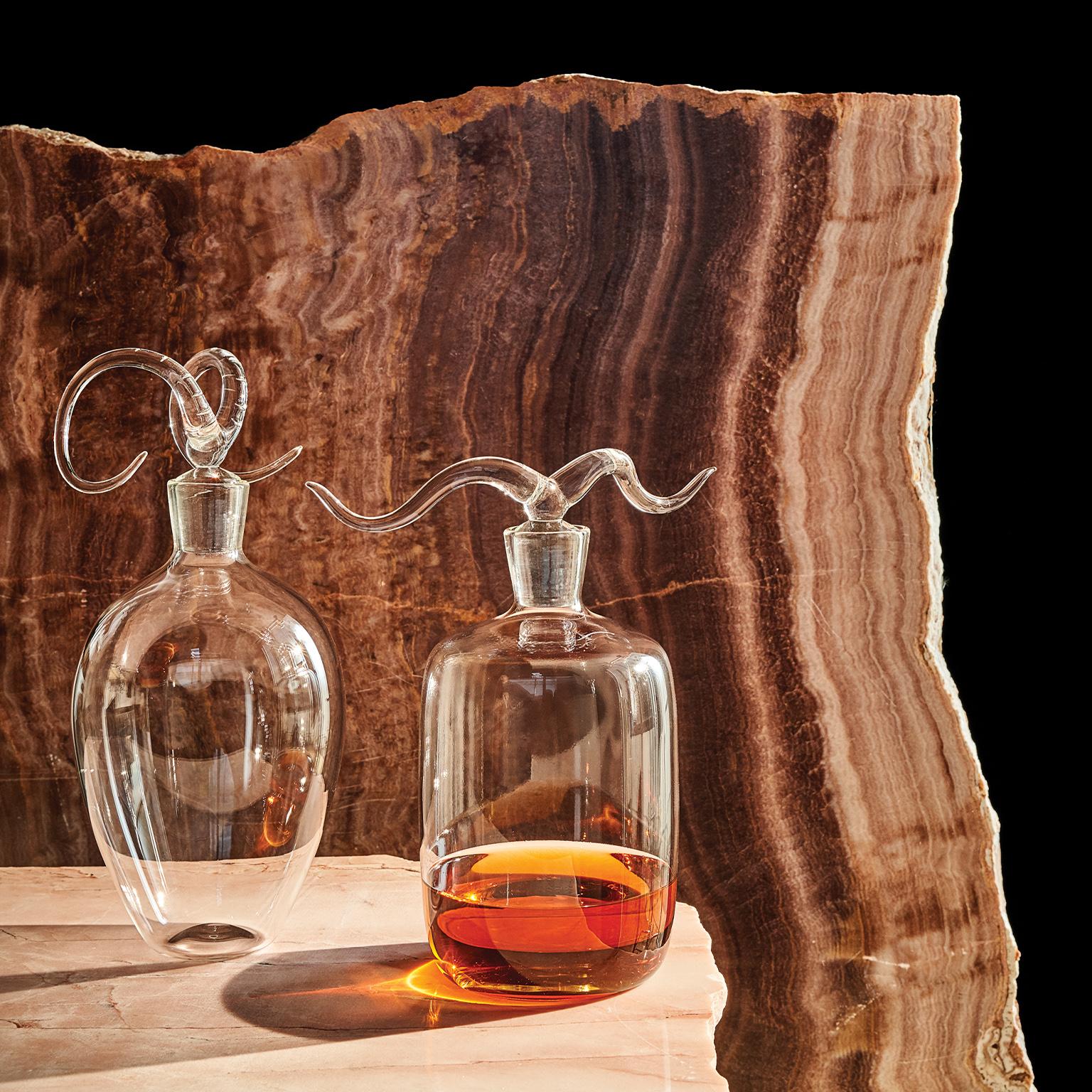 Italian Contemporary Longhorn Hand-Blown Glass Liquor Bottle  For Sale