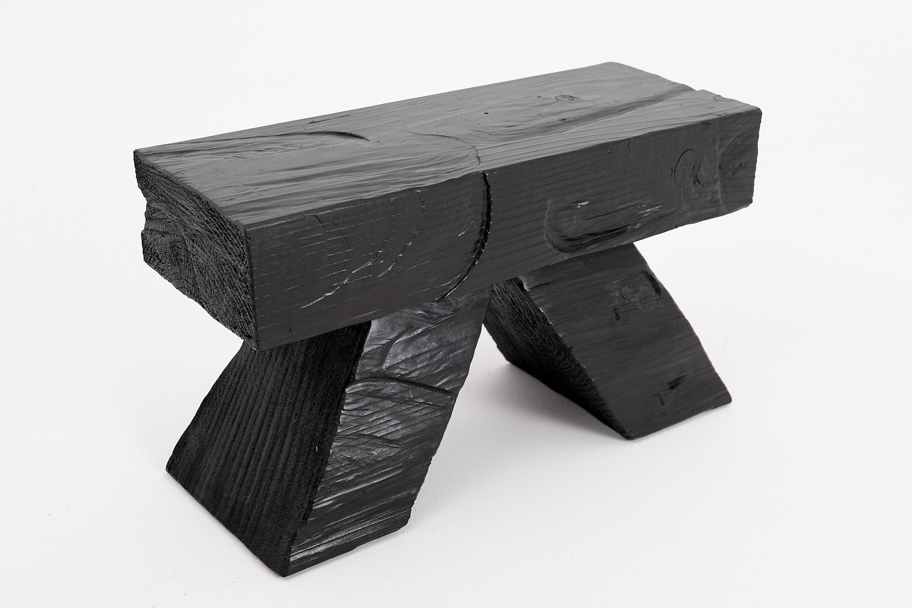Logniture, Blackened Wood Stool with Angled Geometric Base – Bold Artisan Design For Sale 3