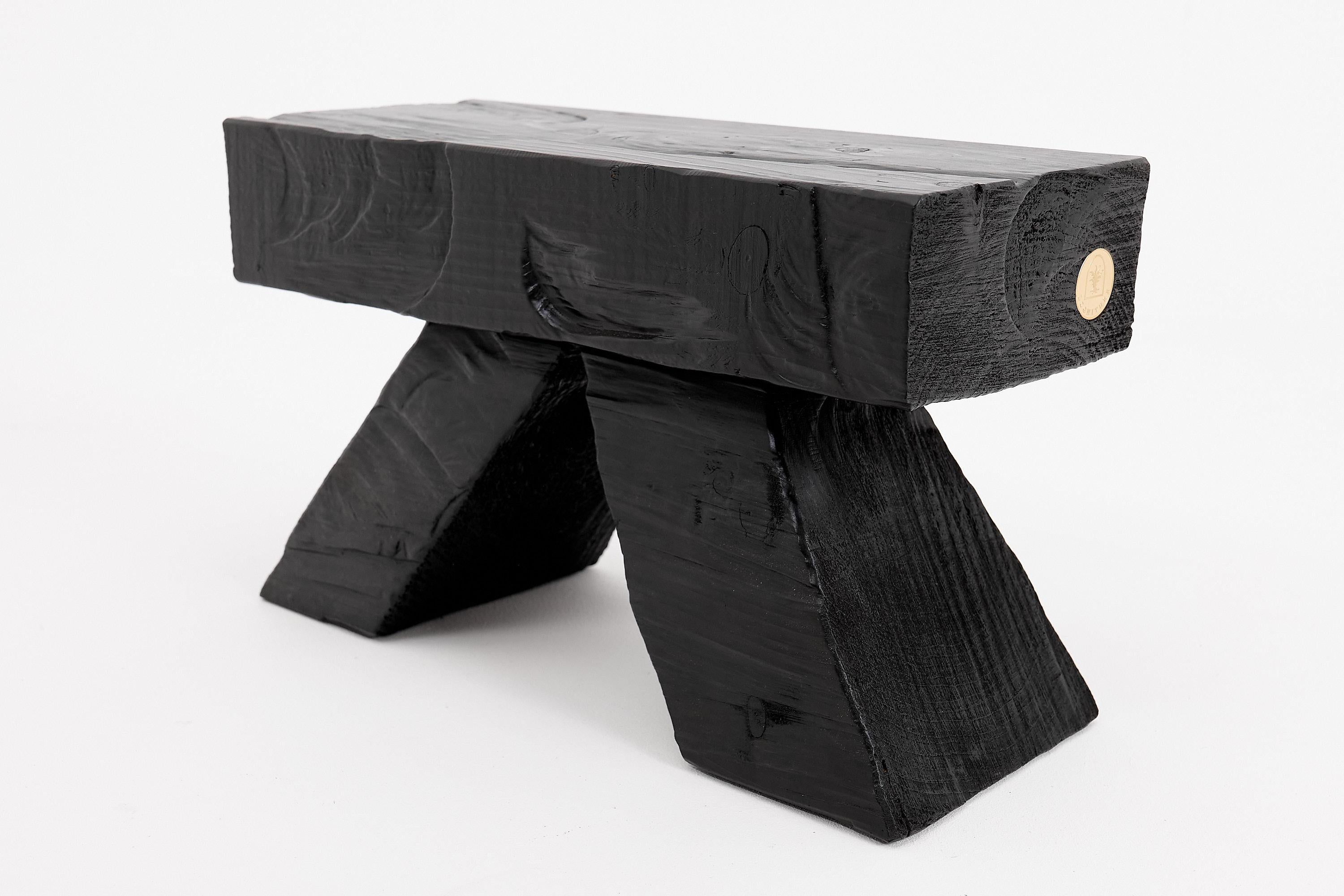 Brutalist Logniture, Blackened Wood Stool with Angled Geometric Base – Bold Artisan Design For Sale