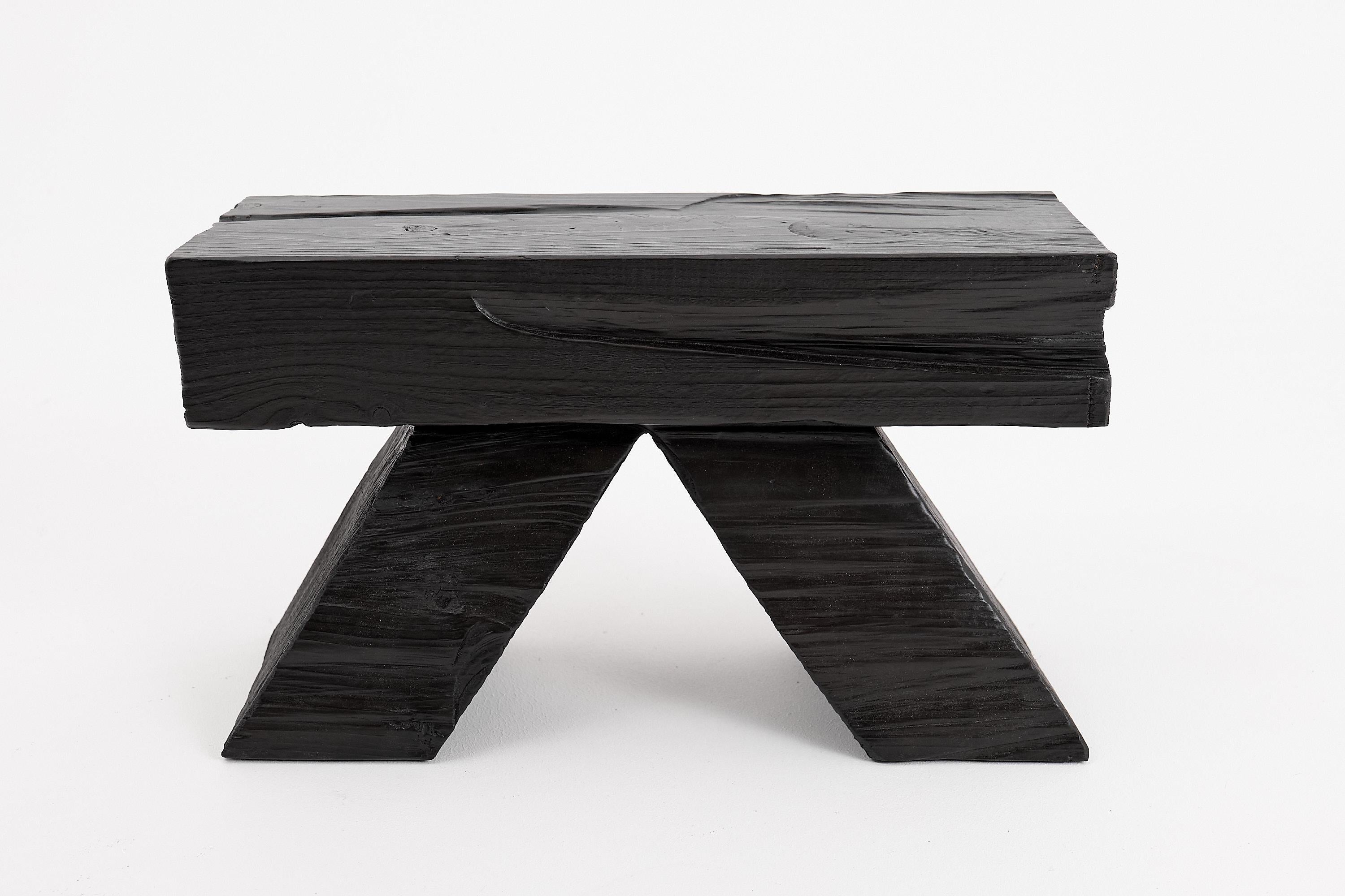 Contemporary Logniture, Blackened Wood Stool with Angled Geometric Base – Bold Artisan Design For Sale