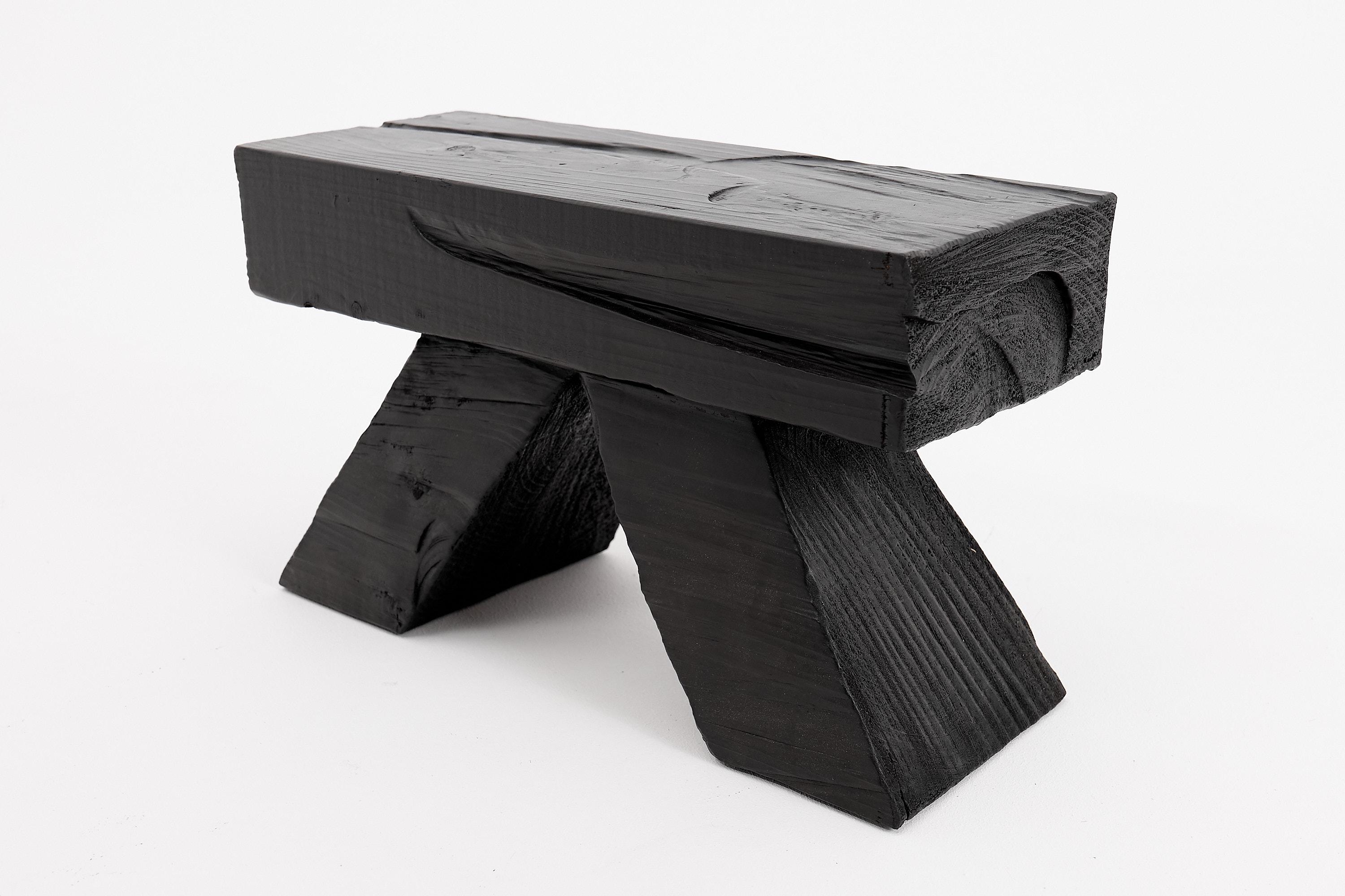 Logniture, Blackened Wood Stool with Angled Geometric Base – Bold Artisan Design For Sale 1