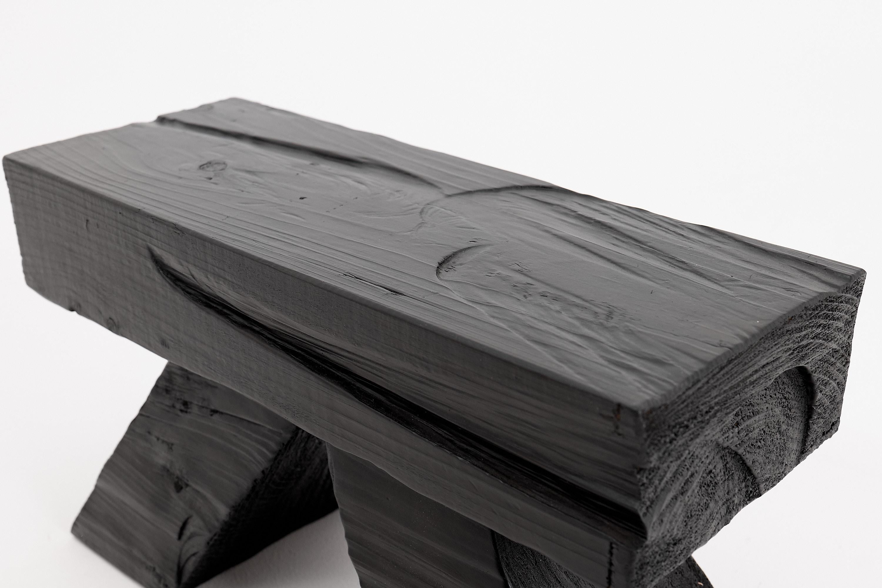 Logniture, Blackened Wood Stool with Angled Geometric Base – Bold Artisan Design For Sale 2