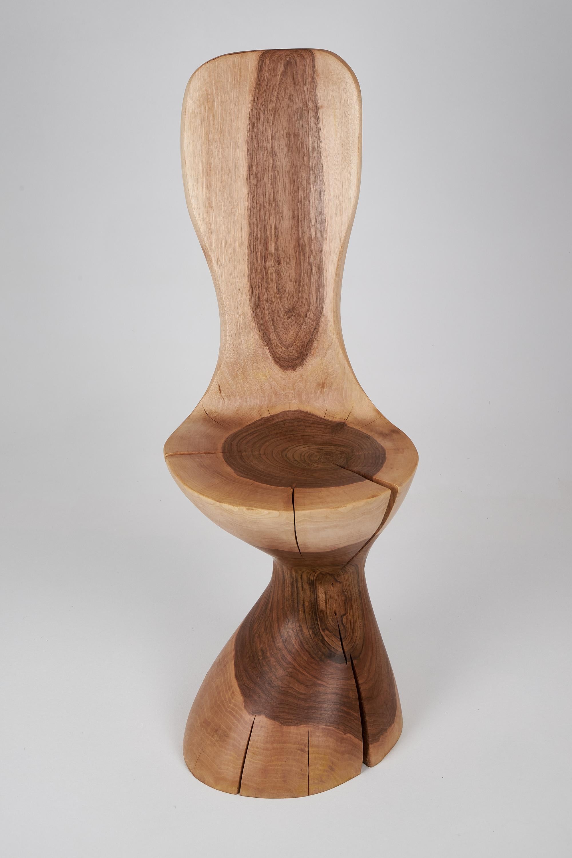 Sculpture fonctionnelle unique en bois sculpté à la tronçonneuse, utilisable comme chaise. Sculpté dans une seule pièce de bois de noyer et protégé par des huiles de la plus haute qualité, il est durable pour des générations. Naturel, écologique et