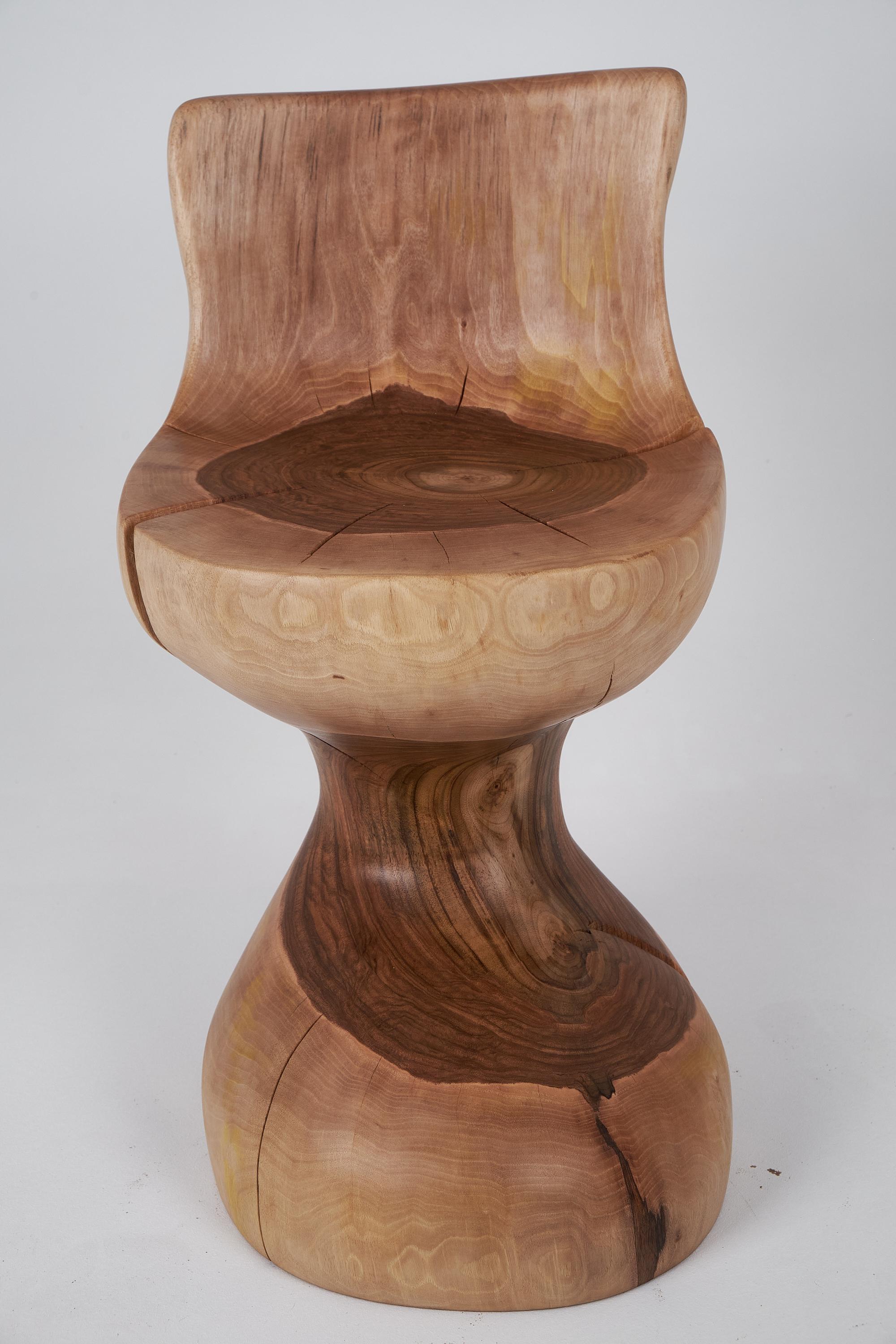 Sculpture fonctionnelle unique en bois sculpté à la tronçonneuse, utilisable comme chaise. Sculpté dans une seule pièce de bois de noyer et protégé par des huiles de la plus haute qualité, il est durable pour des générations. Naturel, écologique et