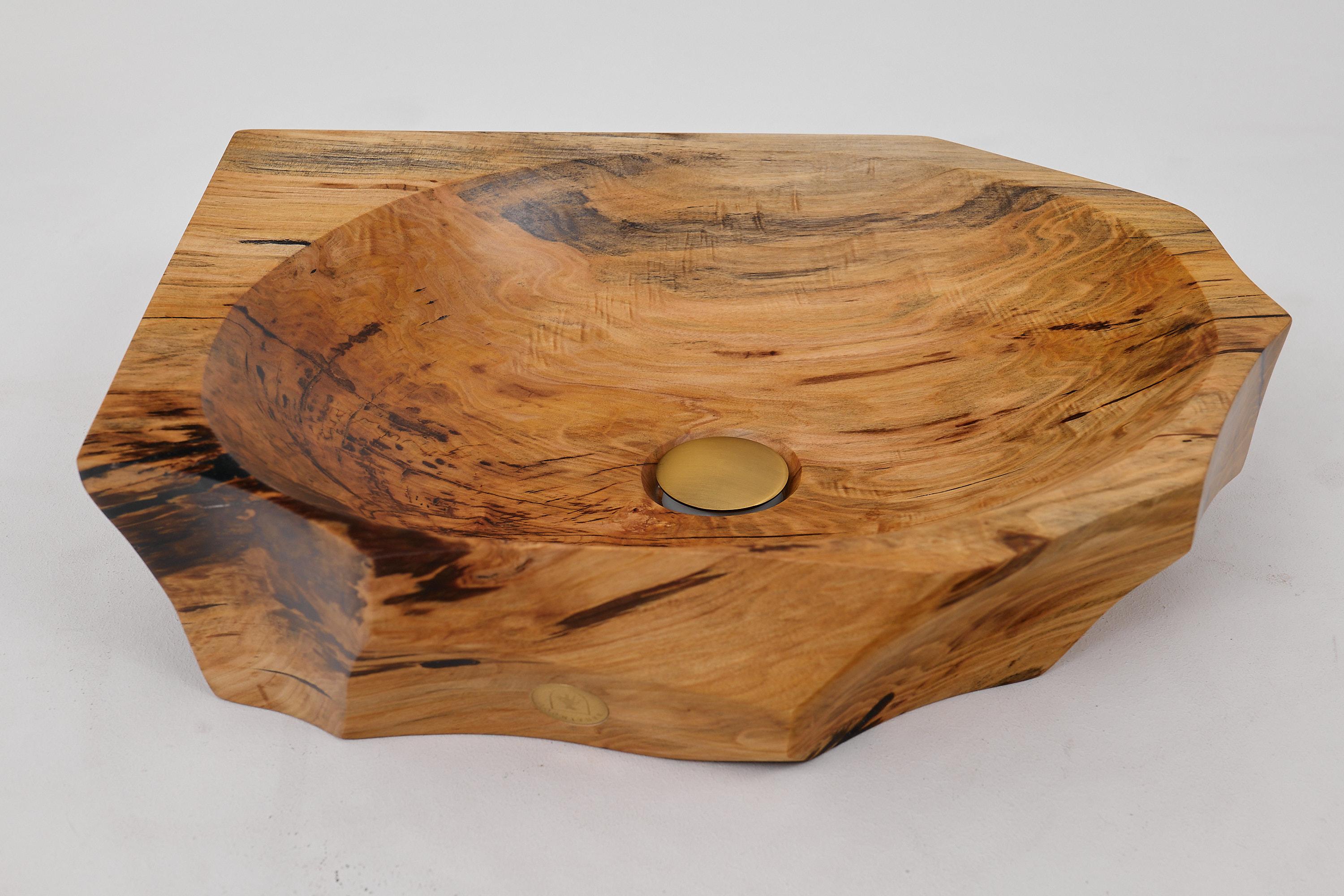 Logniture, Badwaschbecken aus Massivholz mit naturfarbener Kante, Untertasse, Original-Design