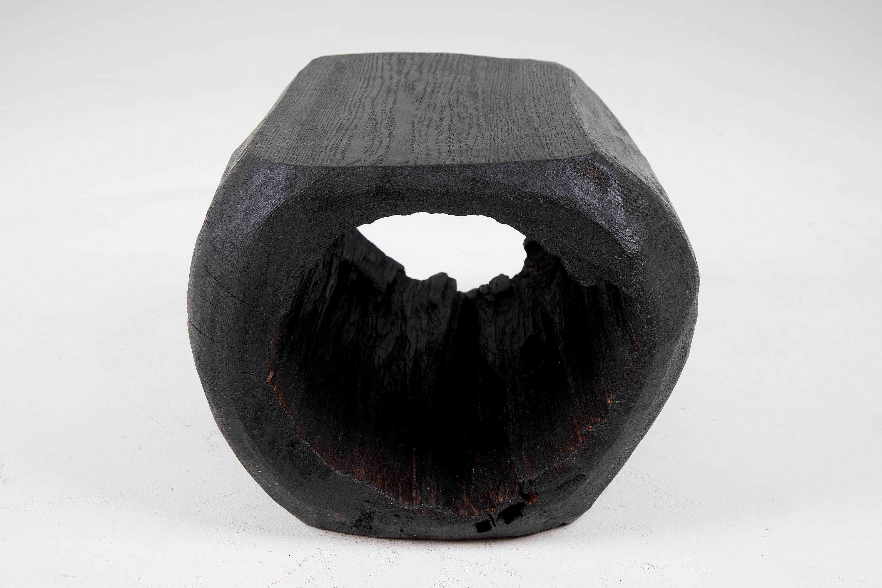 Brutalist Logniture, Log Furniture, Rustic Side Table, Stool, Burnt Black Oak Wood For Sale